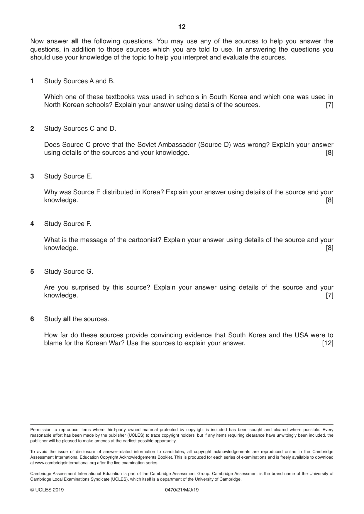Cambridge IGCSE History 0470 2019 May/June Paper 2 · Variant 1 question paper, page 12 of 12