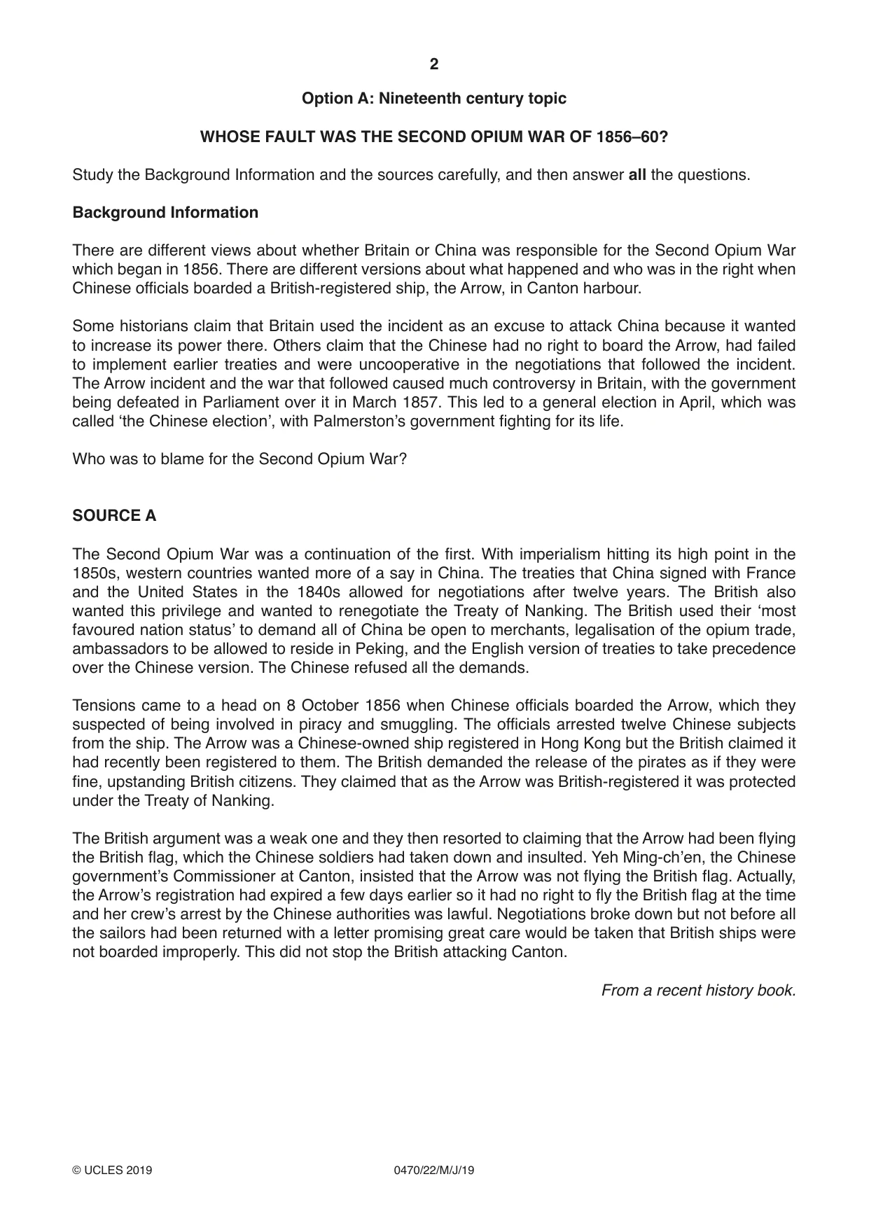 Cambridge IGCSE History 0470 2019 May/June Paper 2 · Variant 2 question paper, page 2 of 16