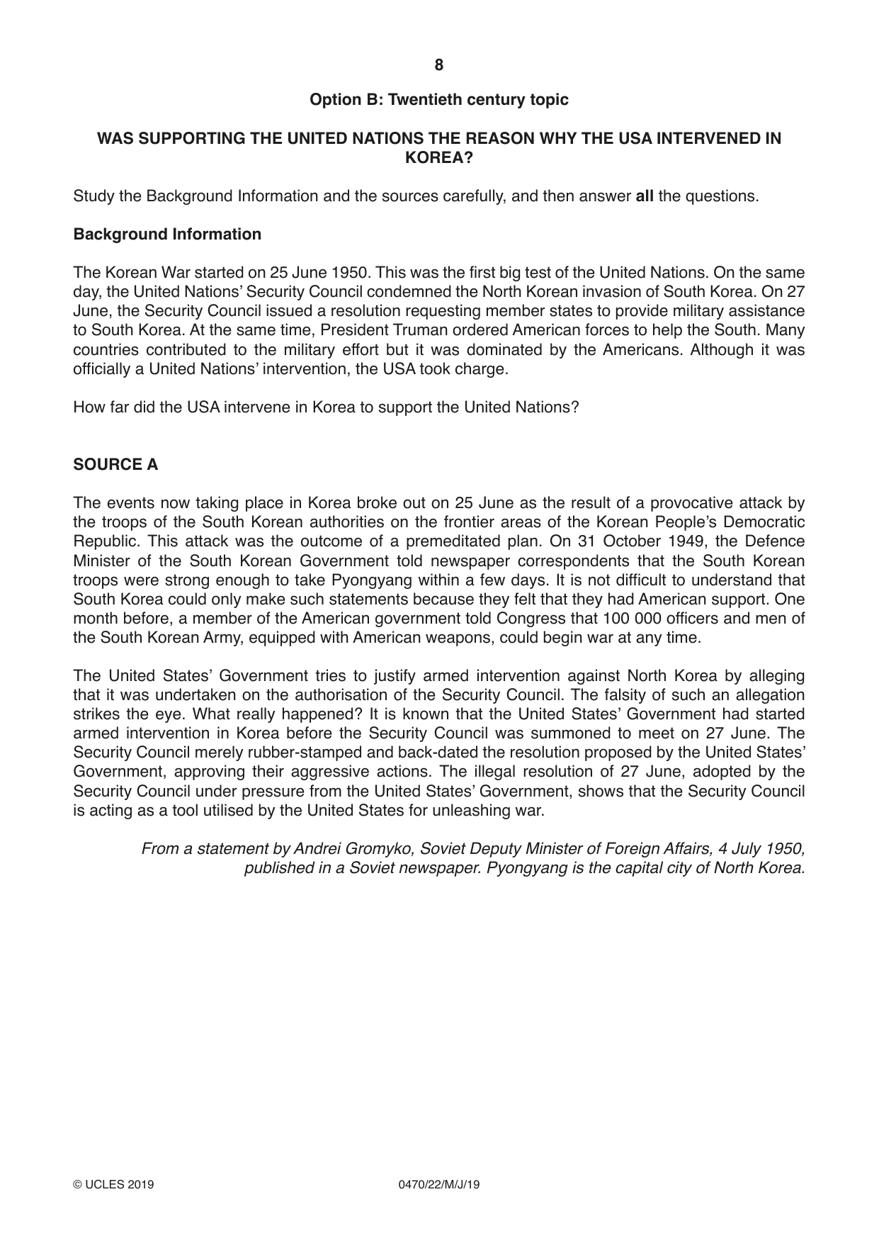 Cambridge IGCSE History 0470 2019 May/June Paper 2 · Variant 2 question paper, page 8 of 16
