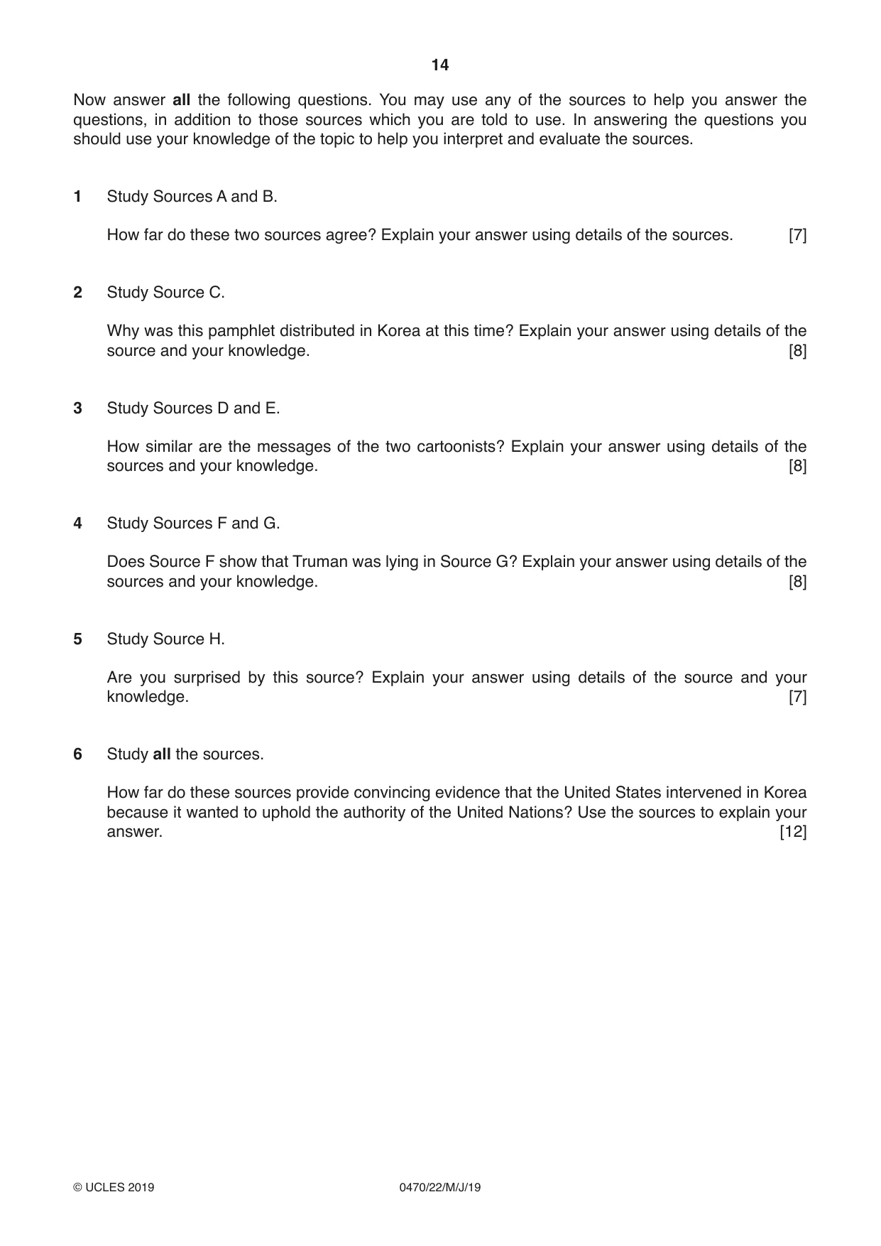 Cambridge IGCSE History 0470 2019 May/June Paper 2 · Variant 2 question paper, page 14 of 16