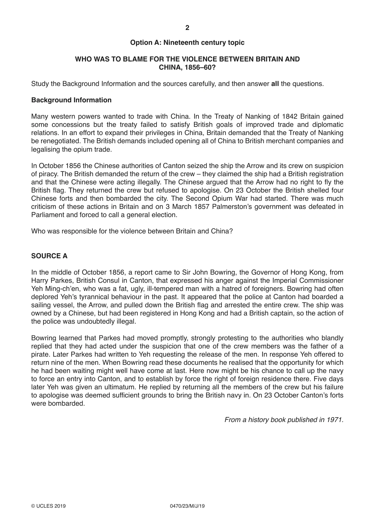 Cambridge IGCSE History 0470 2019 May/June Paper 2 · Variant 3 question paper, page 2 of 12