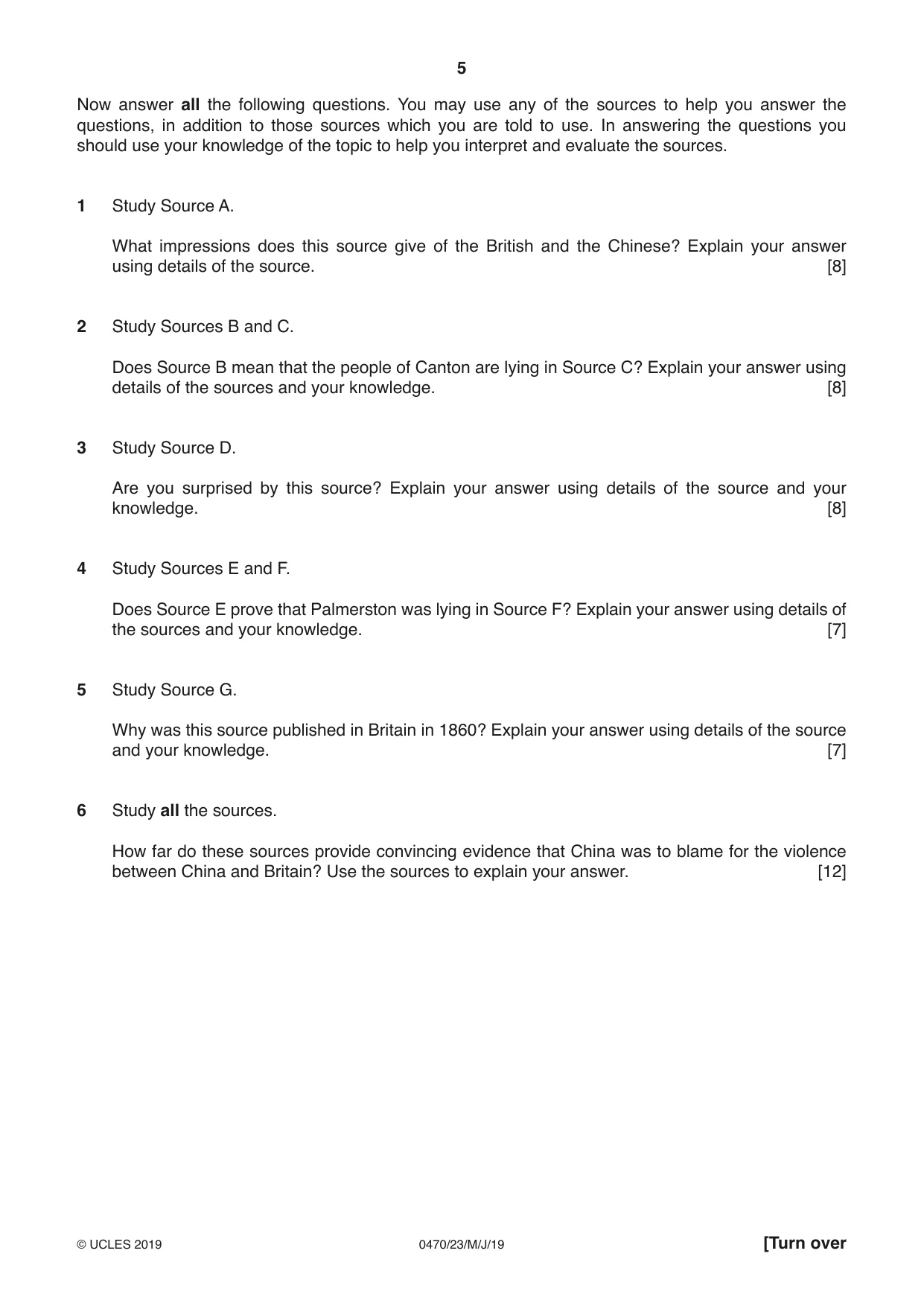 Cambridge IGCSE History 0470 2019 May/June Paper 2 · Variant 3 question paper, page 5 of 12