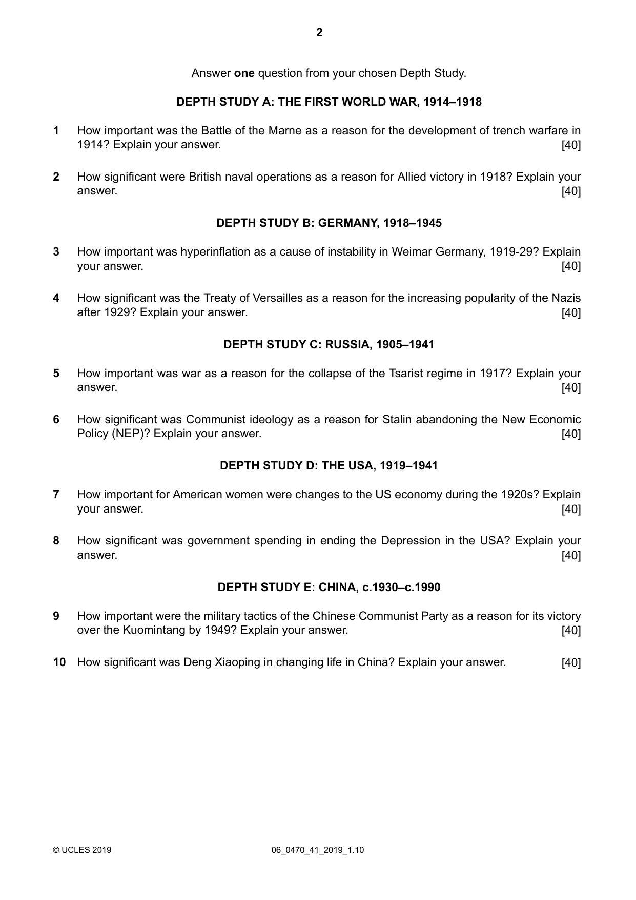 Cambridge IGCSE History 0470 2019 May/June Paper 4 · Variant 1 question paper, page 2 of 4