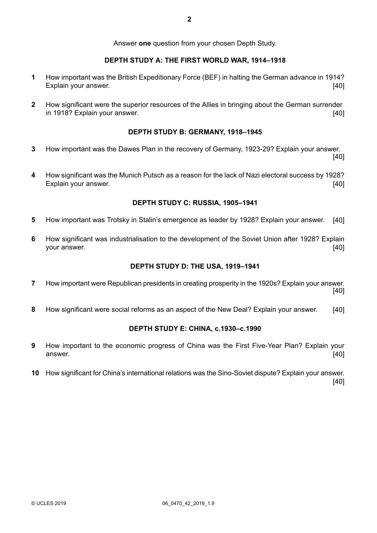 Cambridge IGCSE History 0470 2019 May/June Paper 4 · Variant 2 question paper, page 2 of 4