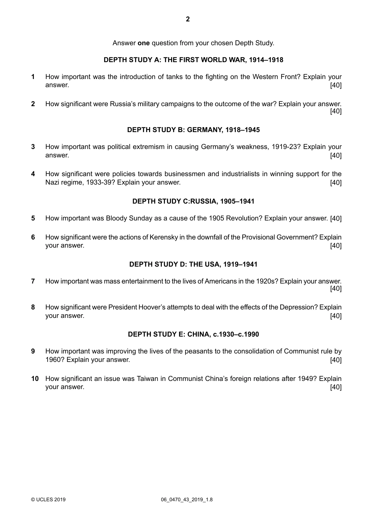 Cambridge IGCSE History 0470 2019 May/June Paper 4 · Variant 3 question paper, page 2 of 4