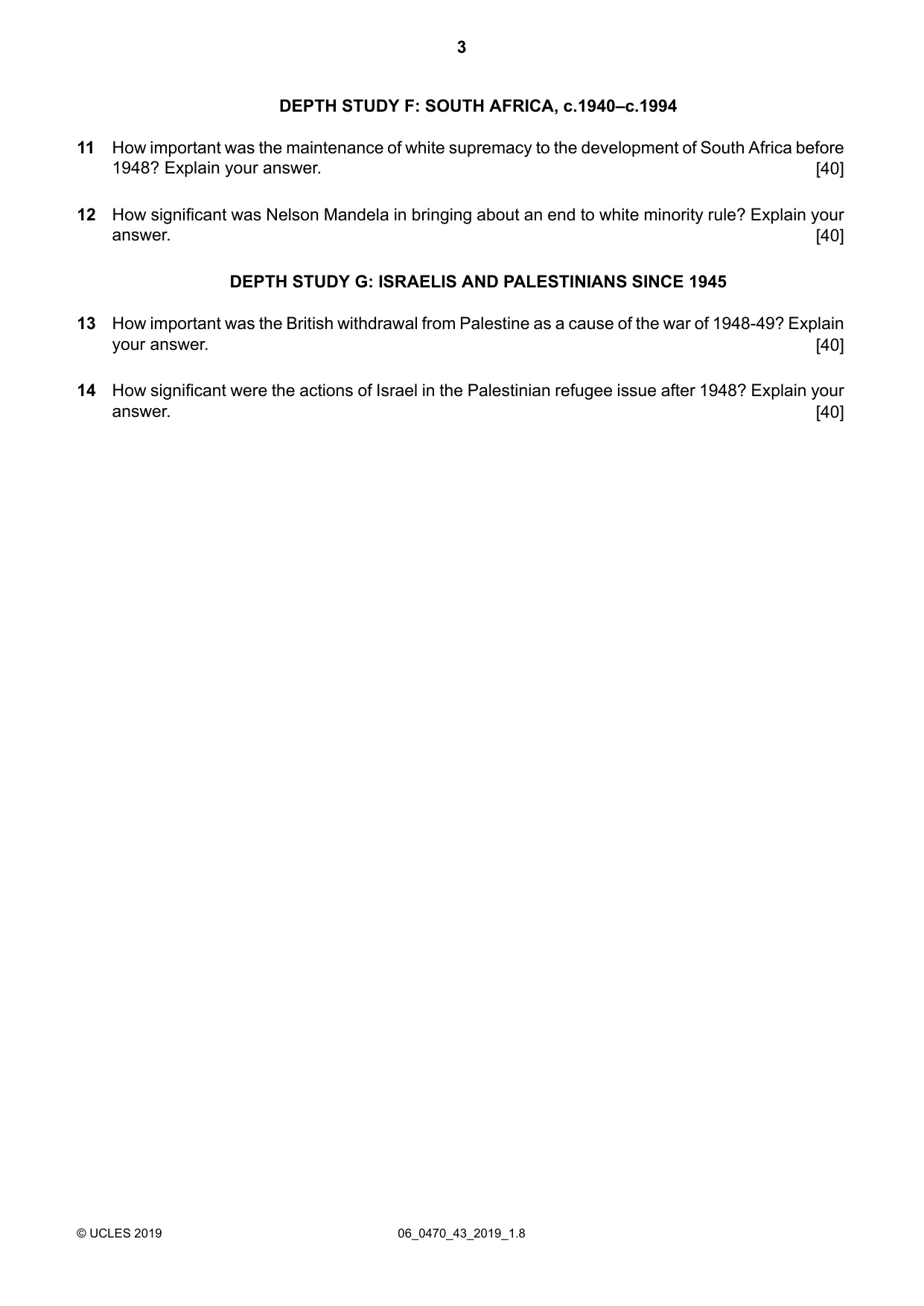 Cambridge IGCSE History 0470 2019 May/June Paper 4 · Variant 3 question paper, page 3 of 4