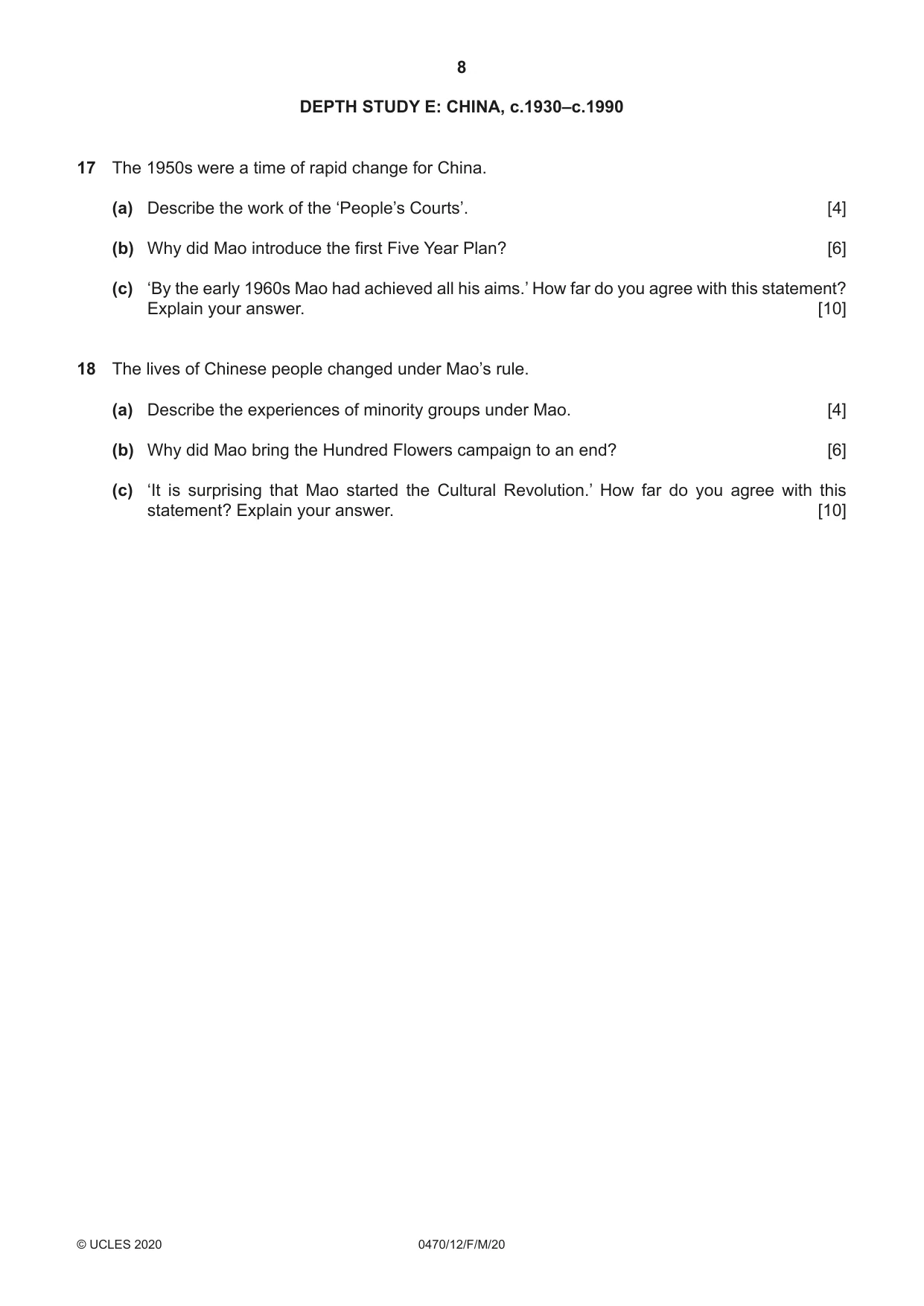 Cambridge IGCSE History 0470 2020 Feb/March Paper 1 · Variant 2 question paper, page 8 of 12