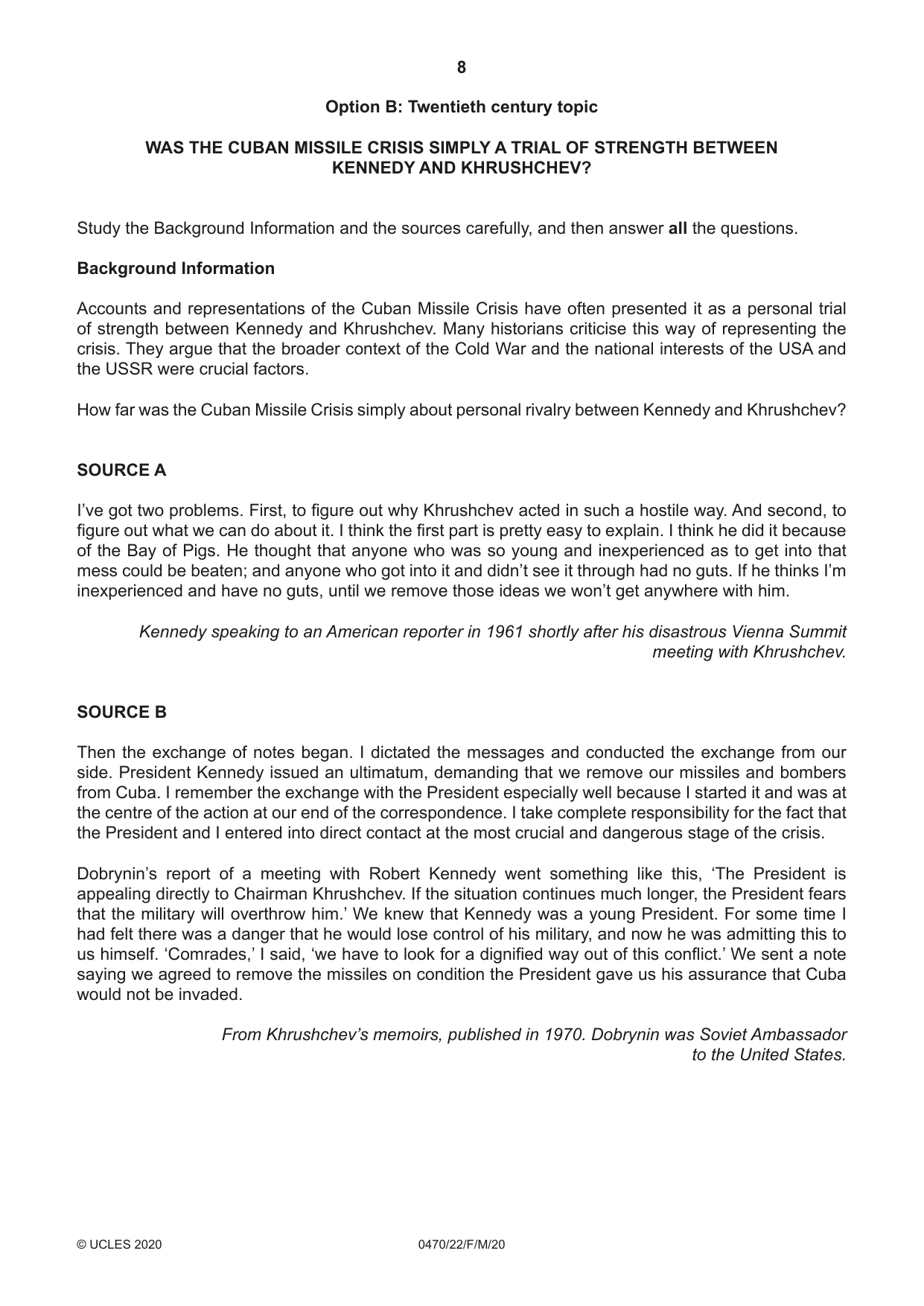 Cambridge IGCSE History 0470 2020 Feb/March Paper 2 · Variant 2 question paper, page 8 of 16