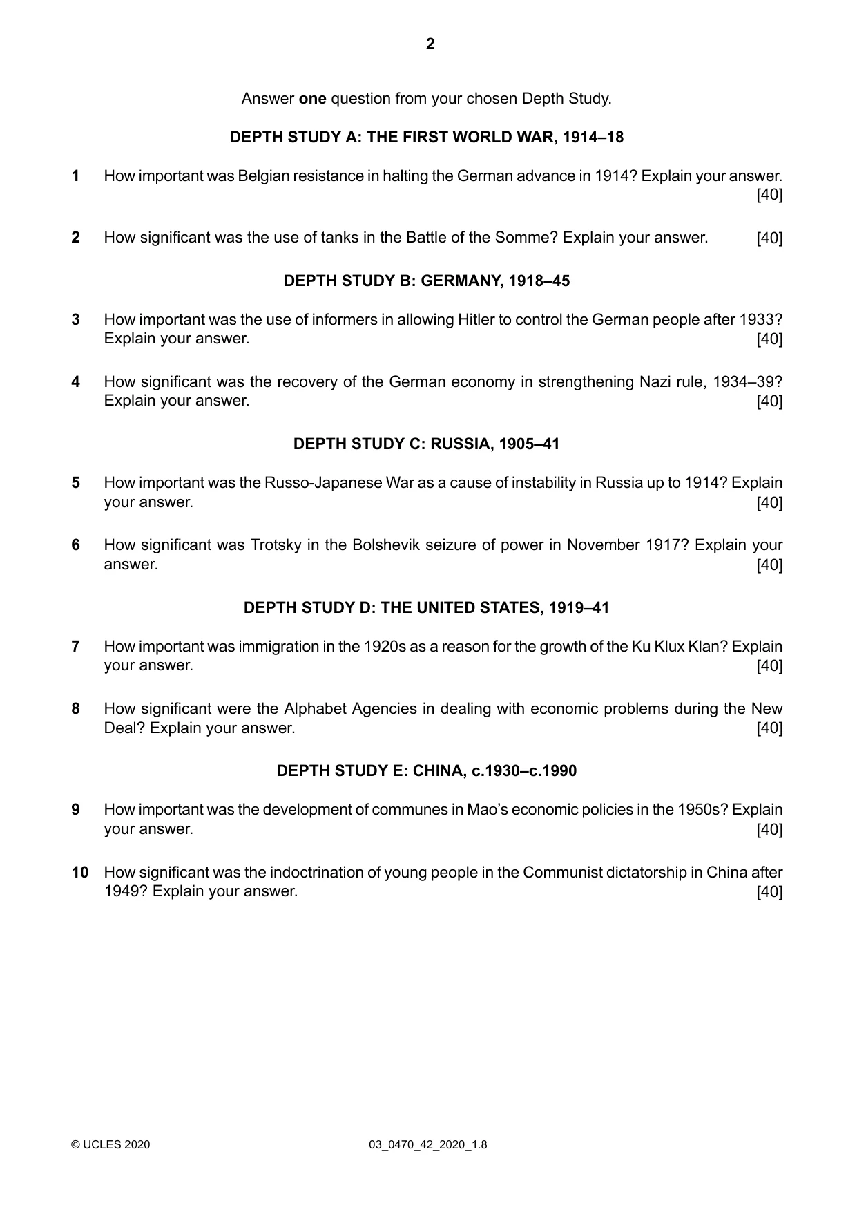 Cambridge IGCSE History 0470 2020 Feb/March Paper 4 · Variant 2 question paper, page 2 of 4
