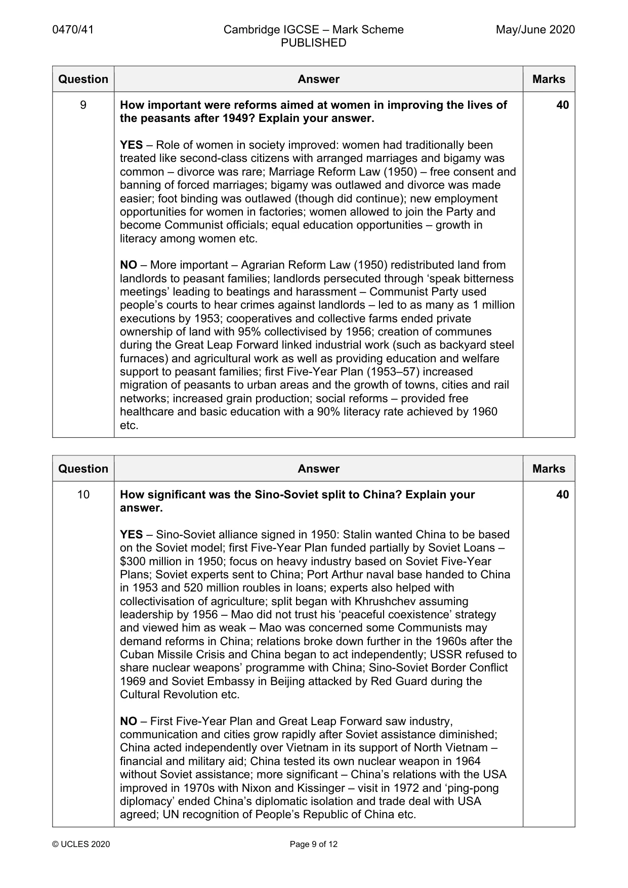 Mark scheme, page 9 of 12