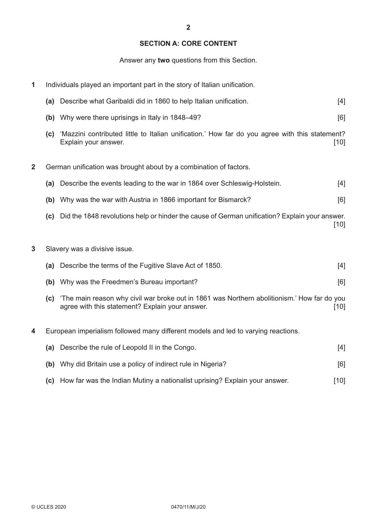 Cambridge IGCSE History 0470 2020 May/June Paper 1 · Variant 1 question paper, page 2 of 12