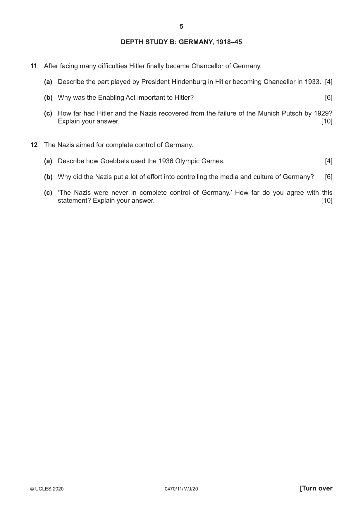 Cambridge IGCSE History 0470 2020 May/June Paper 1 · Variant 1 question paper, page 5 of 12