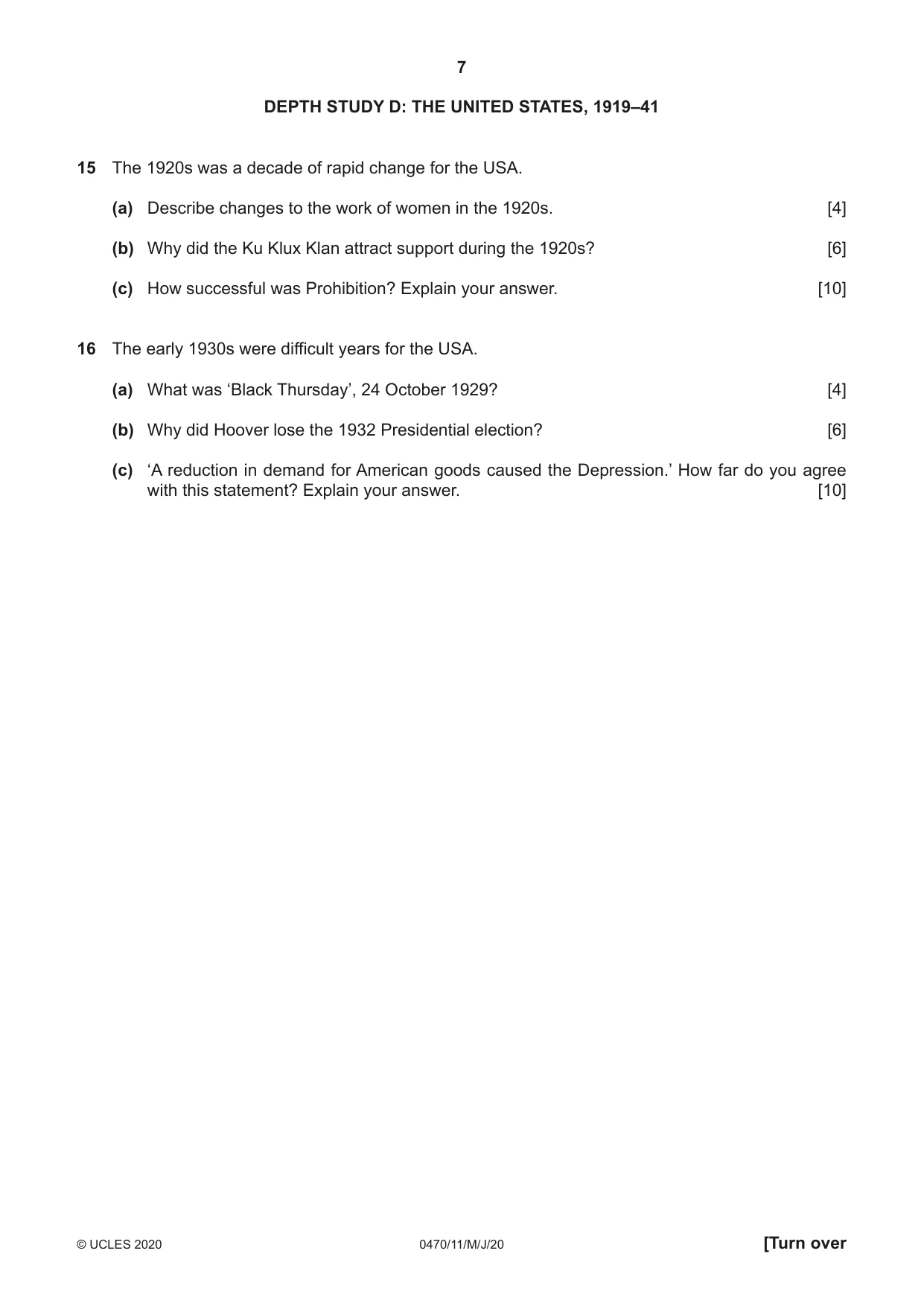 Cambridge IGCSE History 0470 2020 May/June Paper 1 · Variant 1 question paper, page 7 of 12