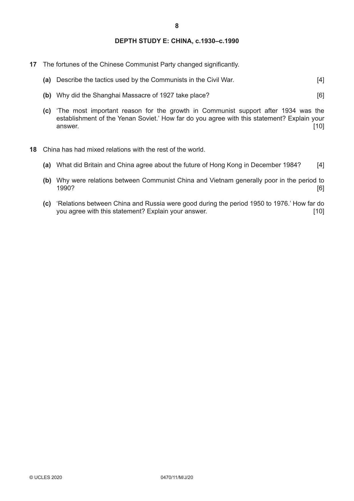 Cambridge IGCSE History 0470 2020 May/June Paper 1 · Variant 1 question paper, page 8 of 12