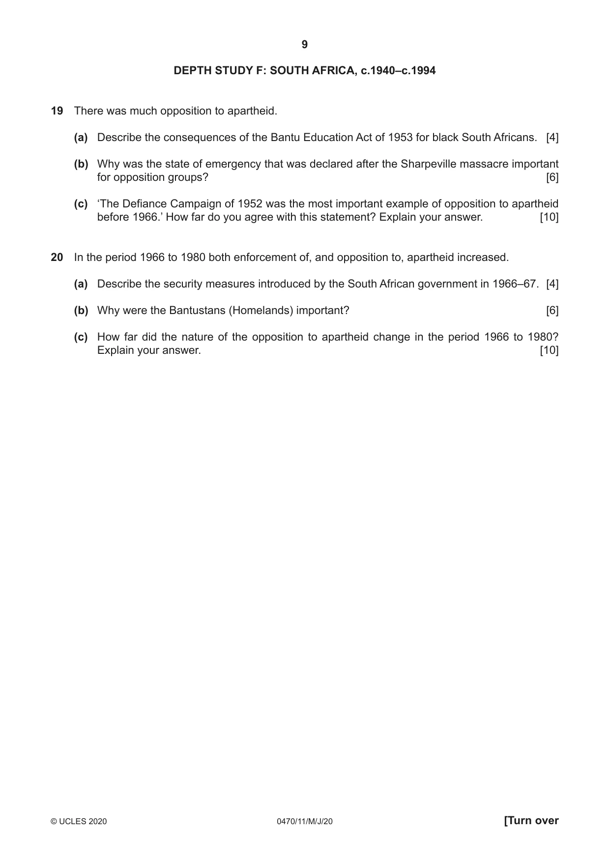 Cambridge IGCSE History 0470 2020 May/June Paper 1 · Variant 1 question paper, page 9 of 12