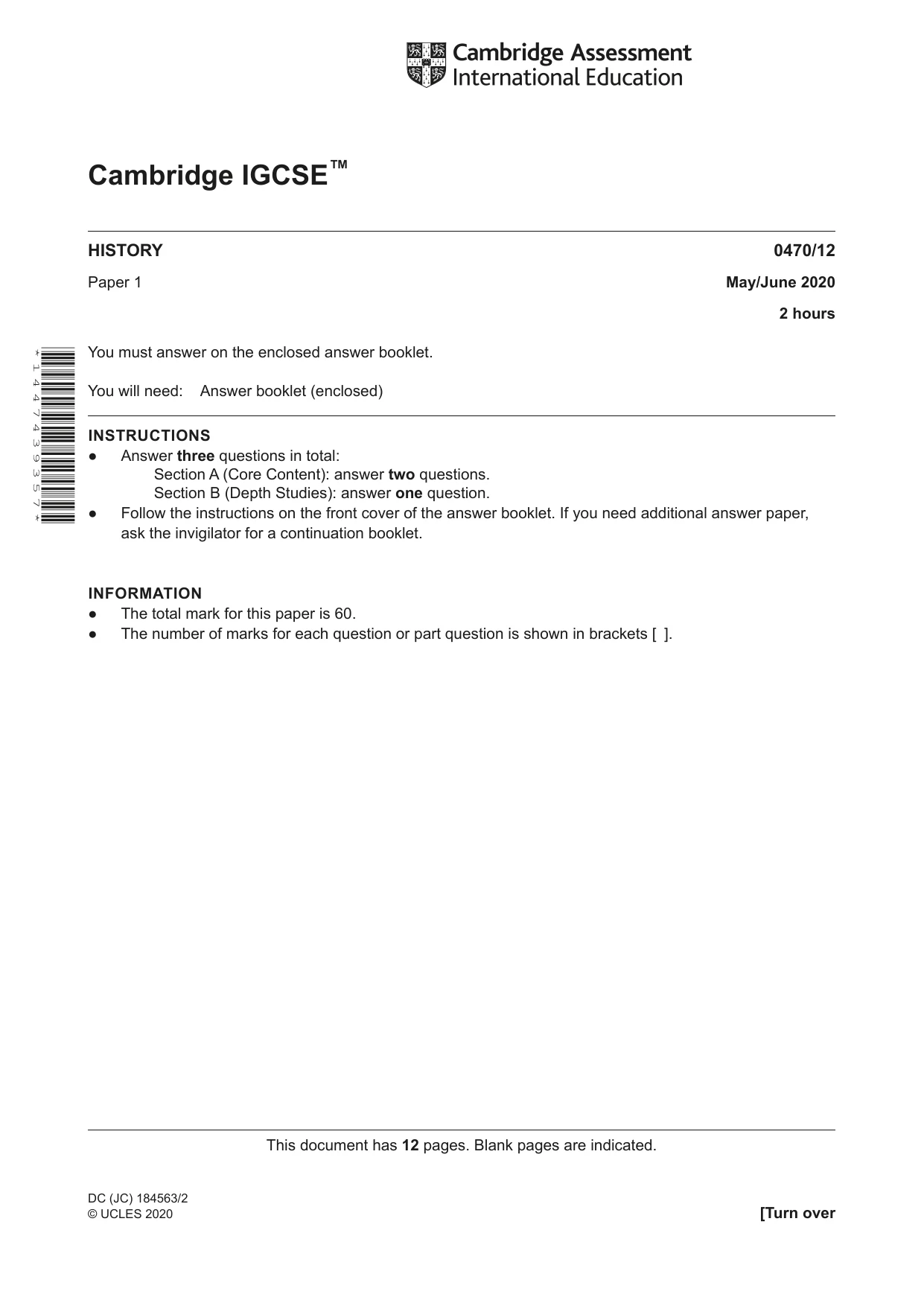 Cambridge IGCSE History 0470 2020 May/June Paper 1 · Variant 2 question paper, page 1 of 12