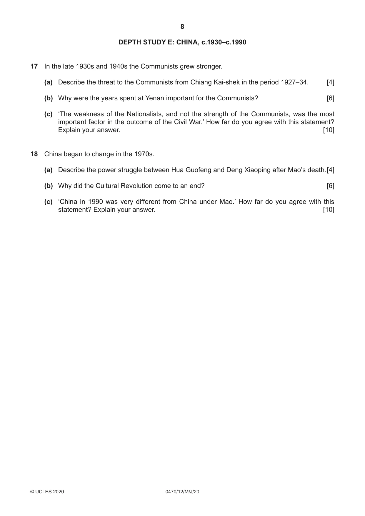 Cambridge IGCSE History 0470 2020 May/June Paper 1 · Variant 2 question paper, page 8 of 12