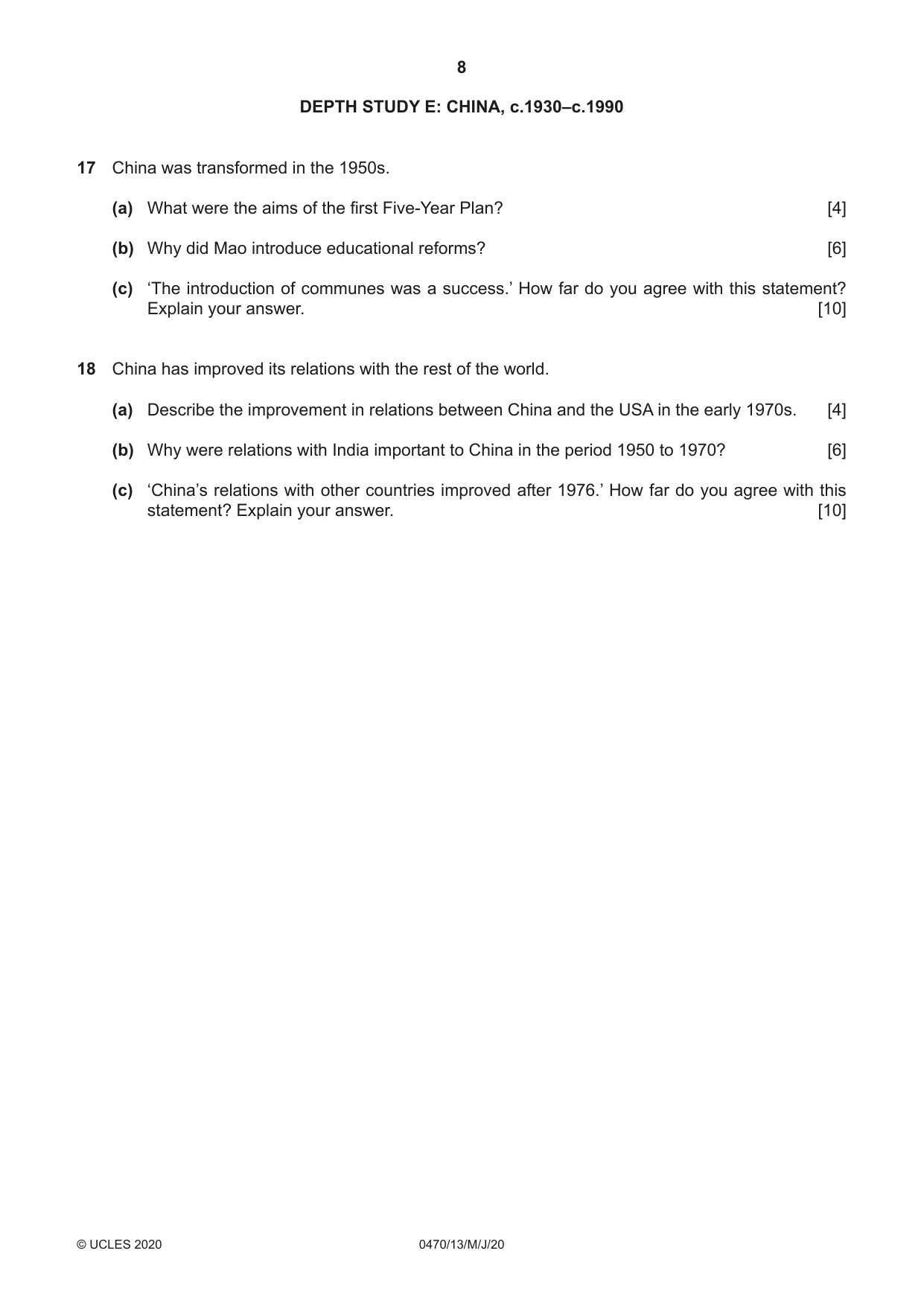 Cambridge IGCSE History 0470 2020 May/June Paper 1 · Variant 3 question paper, page 8 of 12