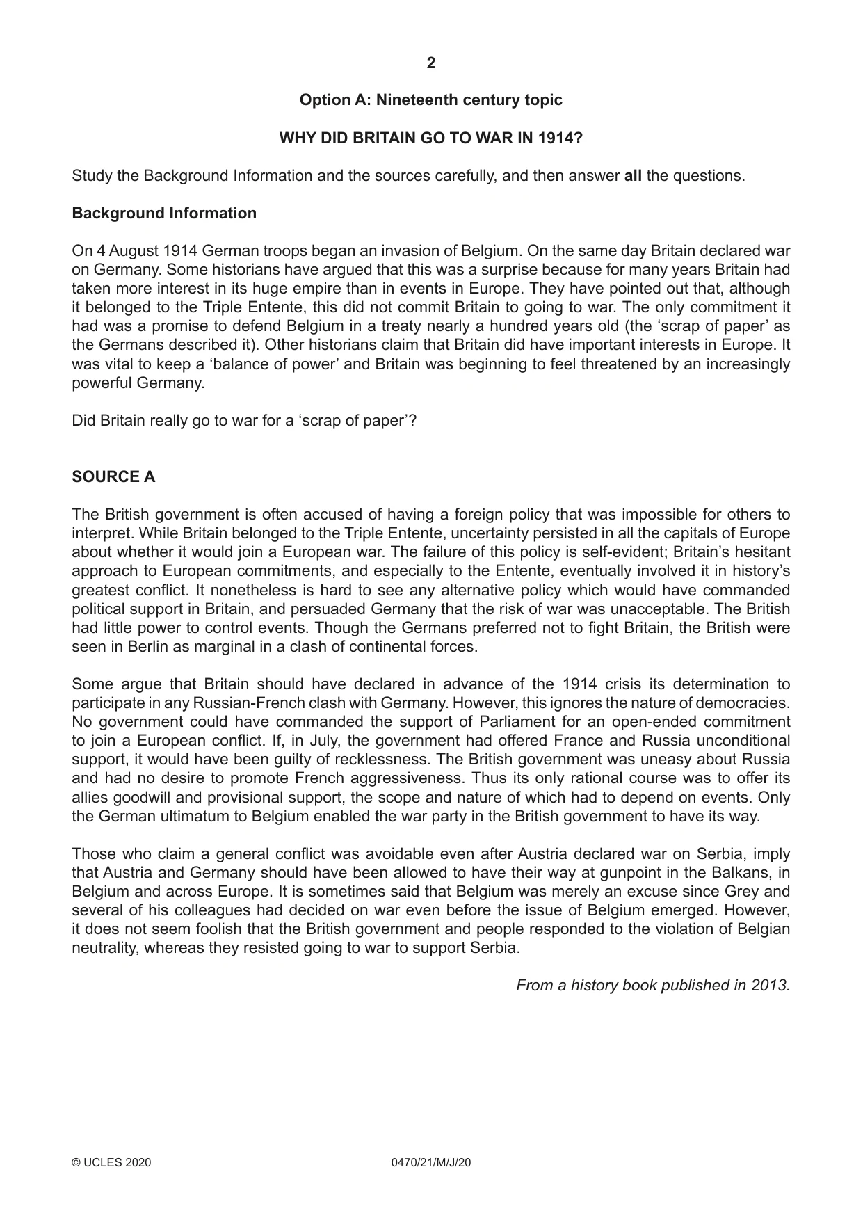 Cambridge IGCSE History 0470 2020 May/June Paper 2 · Variant 1 question paper, page 2 of 16