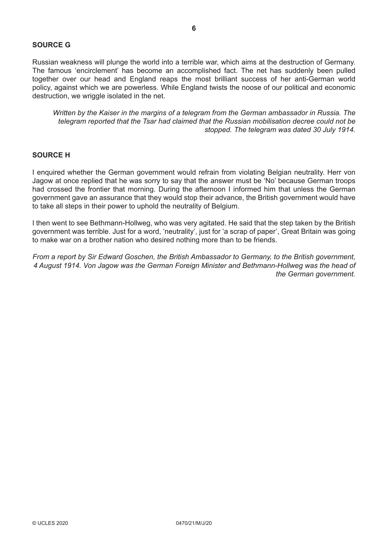 Cambridge IGCSE History 0470 2020 May/June Paper 2 · Variant 1 question paper, page 6 of 16