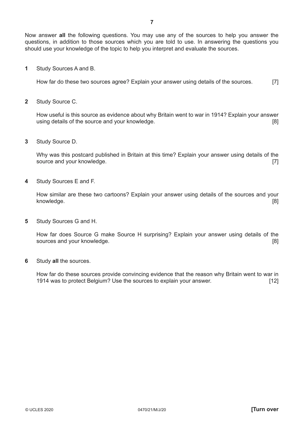 Cambridge IGCSE History 0470 2020 May/June Paper 2 · Variant 1 question paper, page 7 of 16