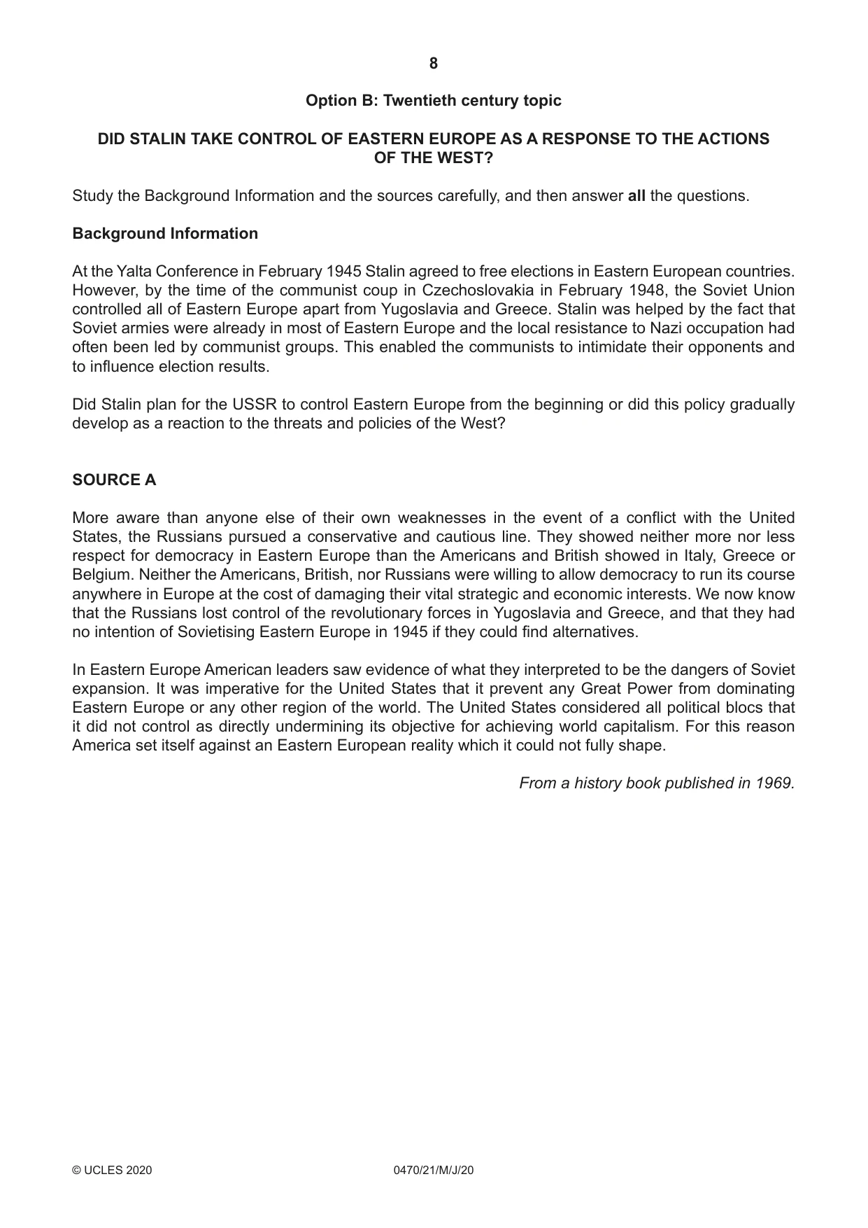 Cambridge IGCSE History 0470 2020 May/June Paper 2 · Variant 1 question paper, page 8 of 16