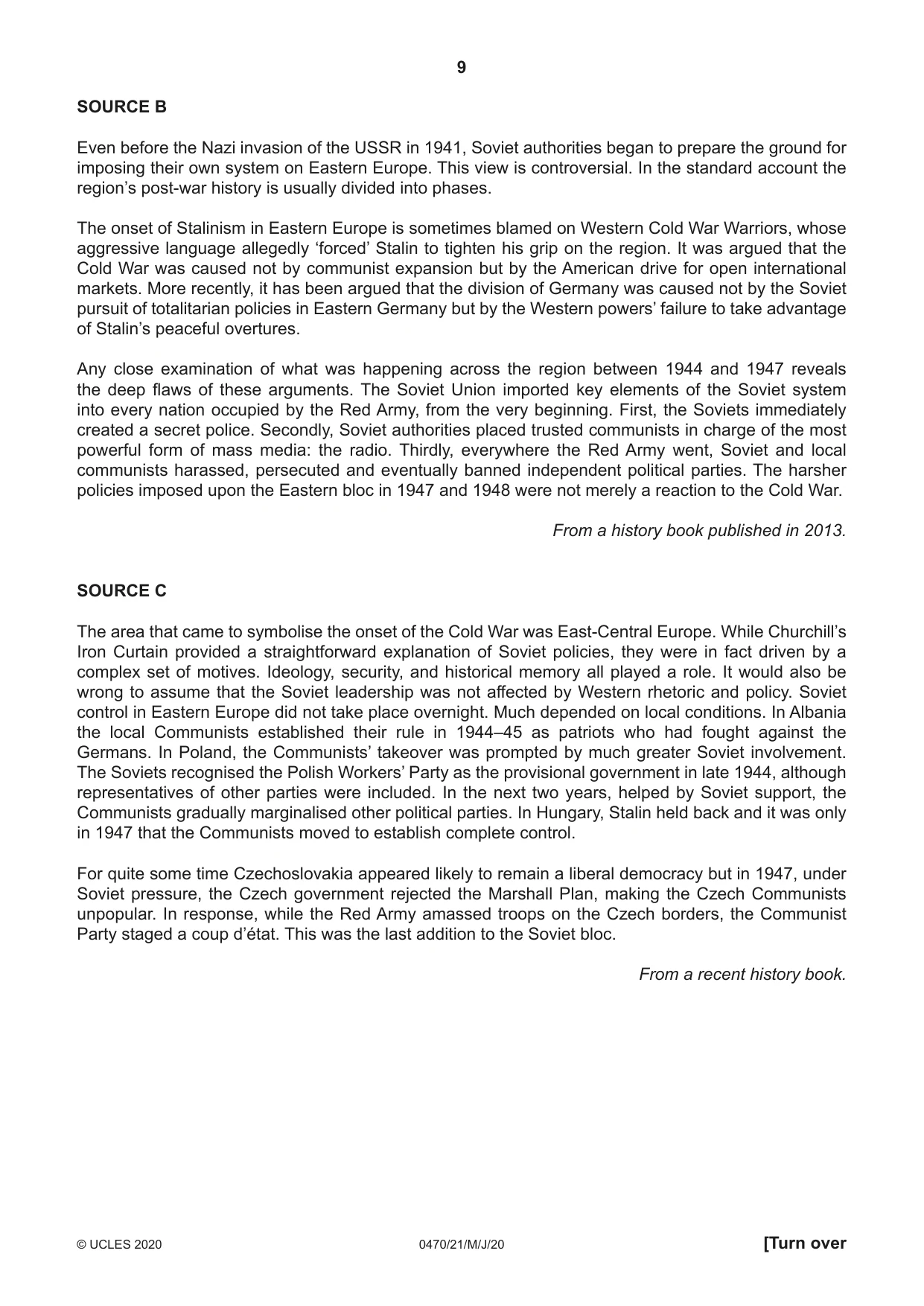 Cambridge IGCSE History 0470 2020 May/June Paper 2 · Variant 1 question paper, page 9 of 16