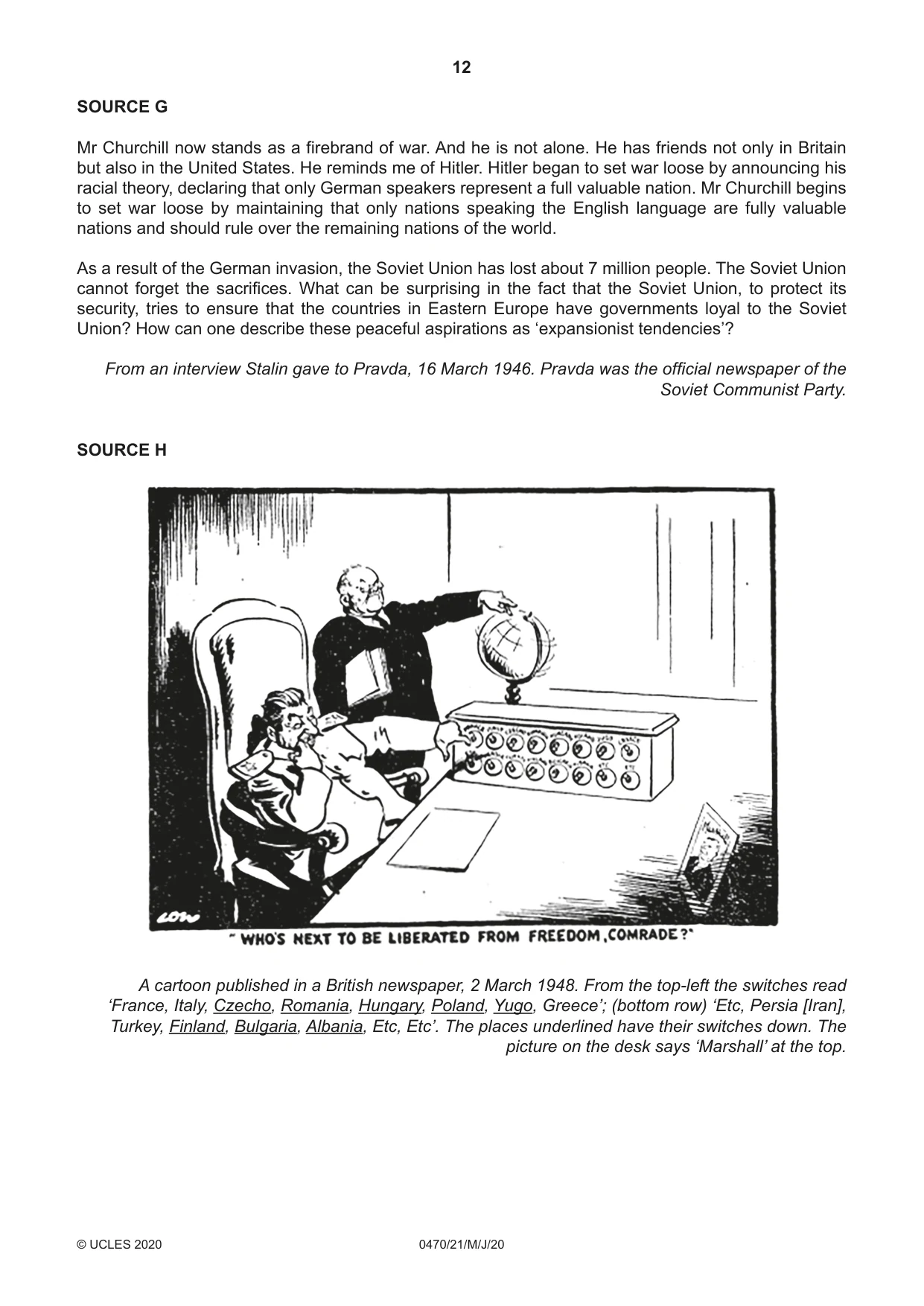 Cambridge IGCSE History 0470 2020 May/June Paper 2 · Variant 1 question paper, page 12 of 16