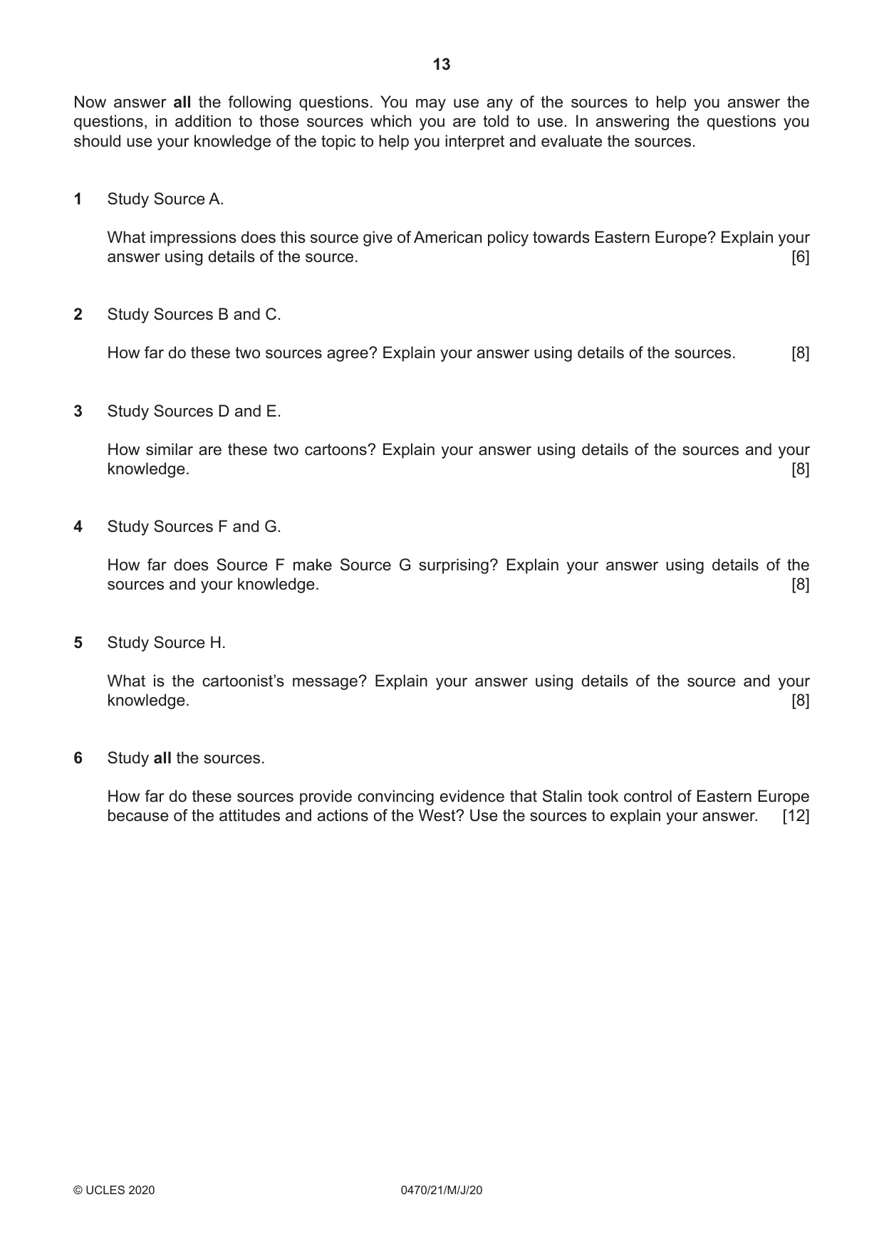 Cambridge IGCSE History 0470 2020 May/June Paper 2 · Variant 1 question paper, page 13 of 16