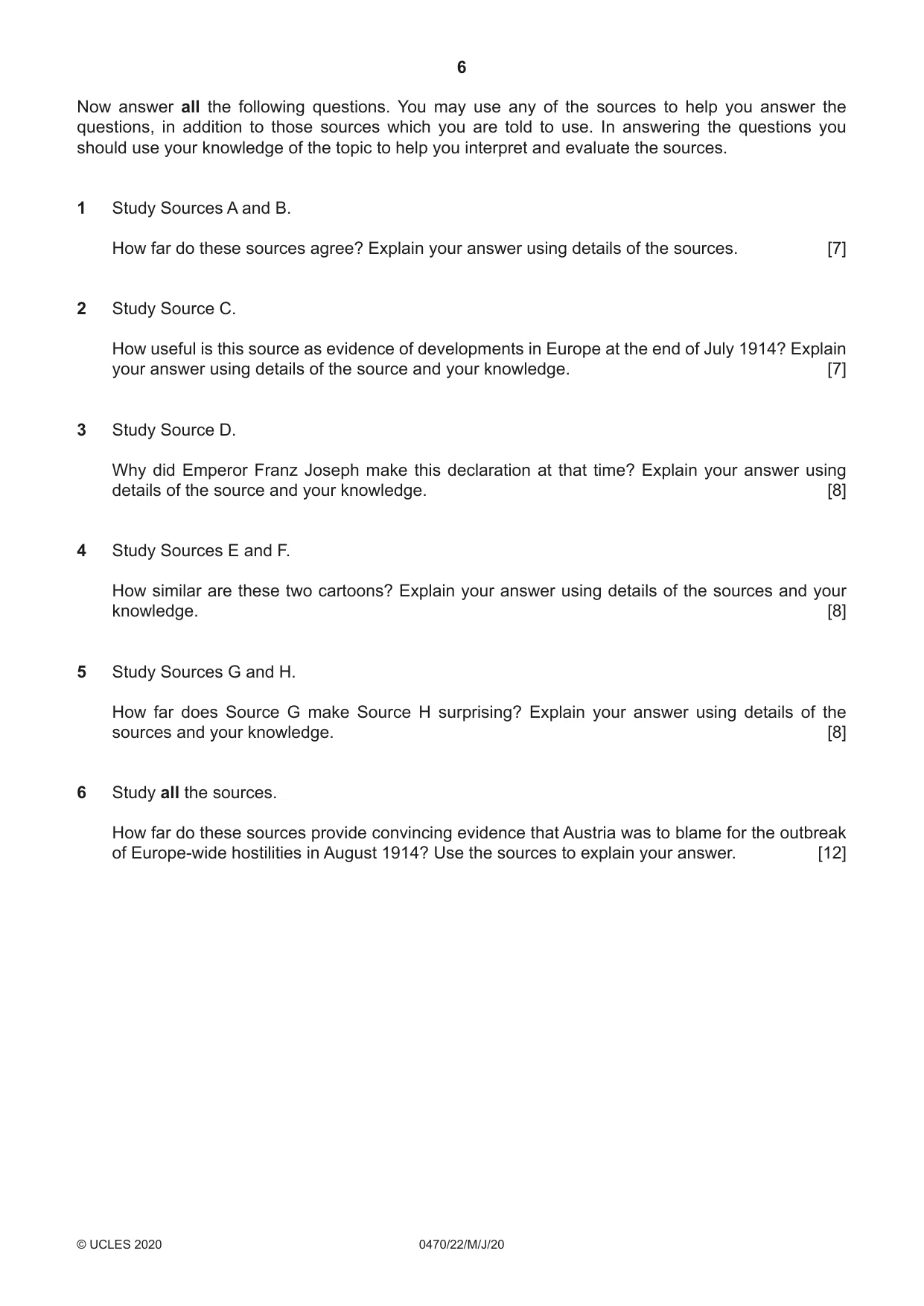 Cambridge IGCSE History 0470 2020 May/June Paper 2 · Variant 2 question paper, page 6 of 12