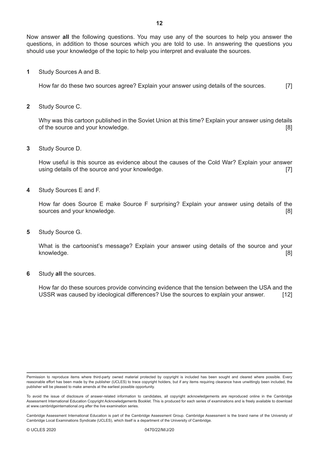 Cambridge IGCSE History 0470 2020 May/June Paper 2 · Variant 2 question paper, page 12 of 12