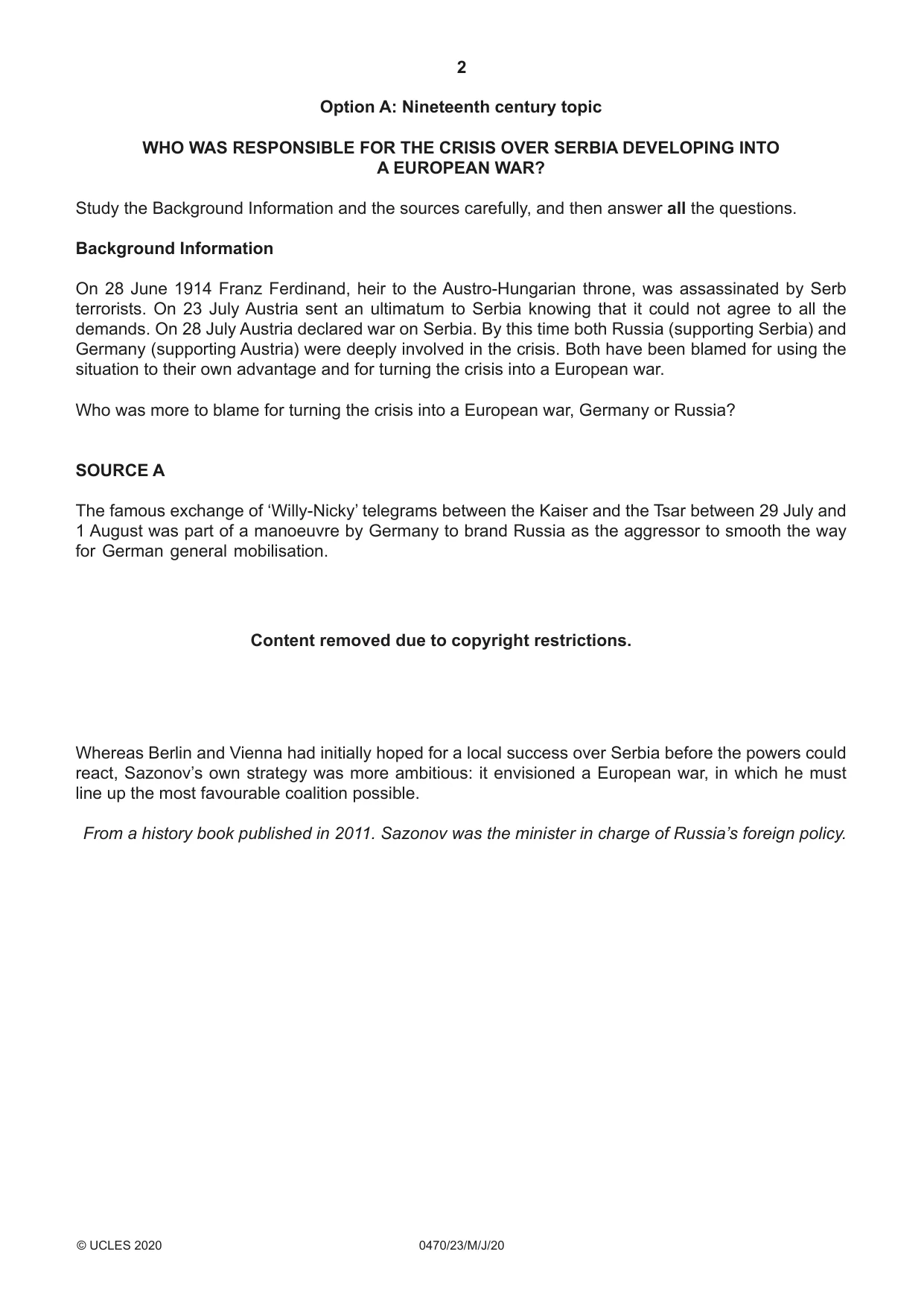 Cambridge IGCSE History 0470 2020 May/June Paper 2 · Variant 3 question paper, page 2 of 12