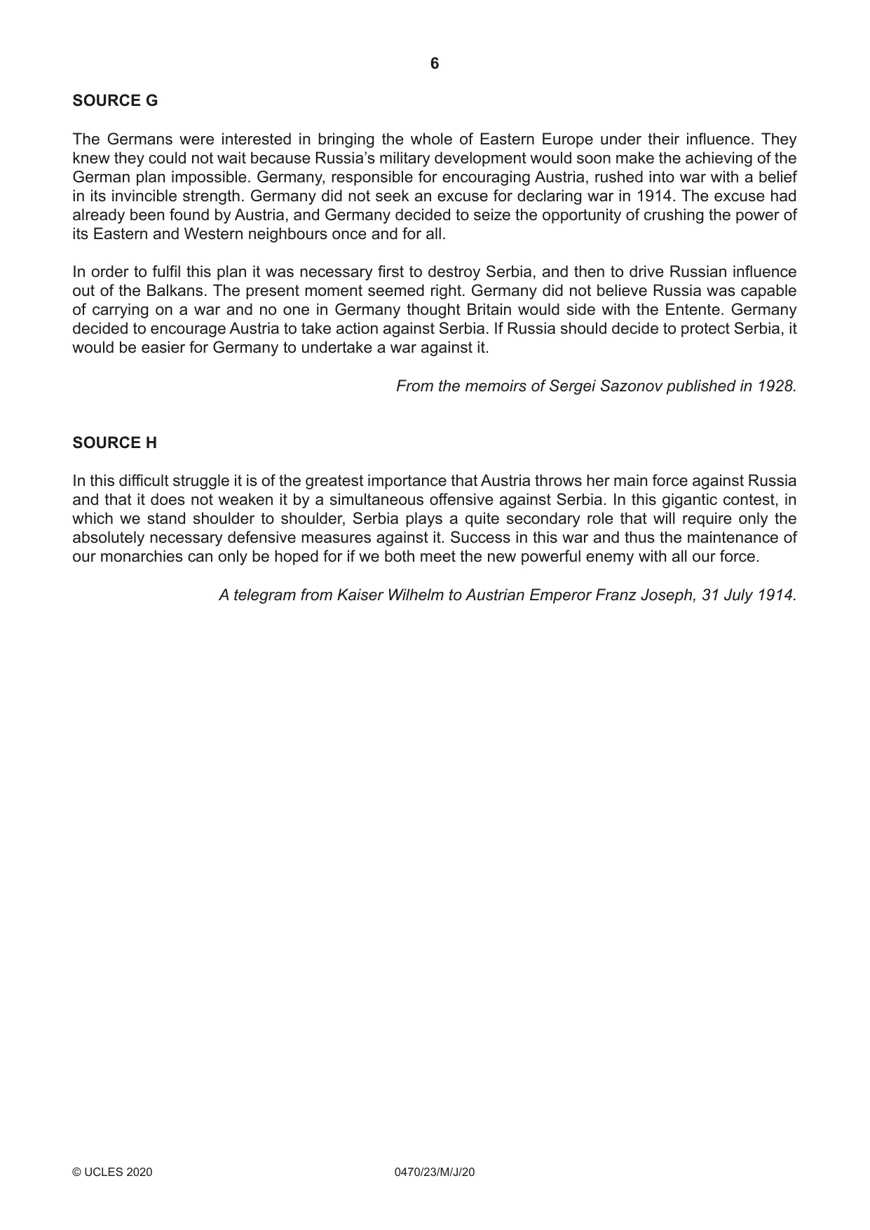 Cambridge IGCSE History 0470 2020 May/June Paper 2 · Variant 3 question paper, page 6 of 12