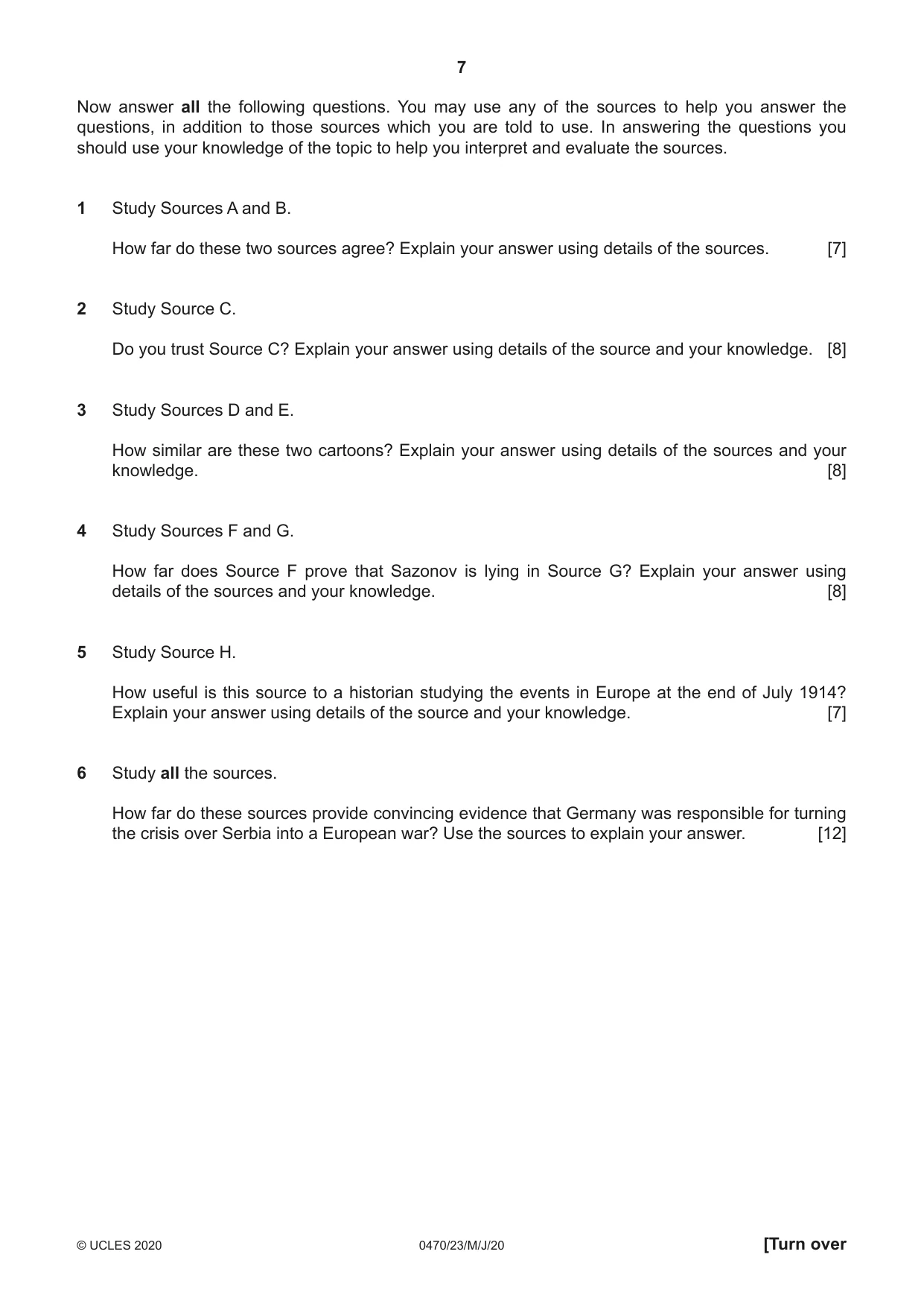 Cambridge IGCSE History 0470 2020 May/June Paper 2 · Variant 3 question paper, page 7 of 12
