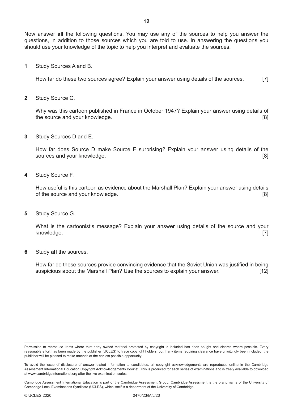 Cambridge IGCSE History 0470 2020 May/June Paper 2 · Variant 3 question paper, page 12 of 12
