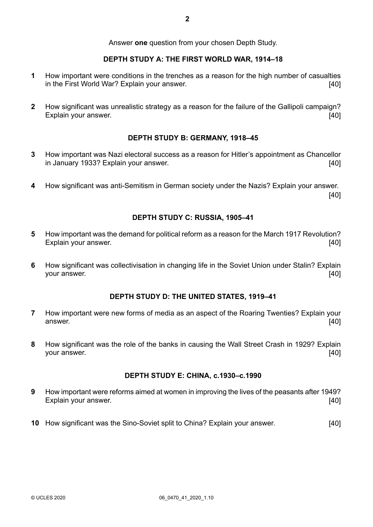 Cambridge IGCSE History 0470 2020 May/June Paper 4 · Variant 1 question paper, page 2 of 4