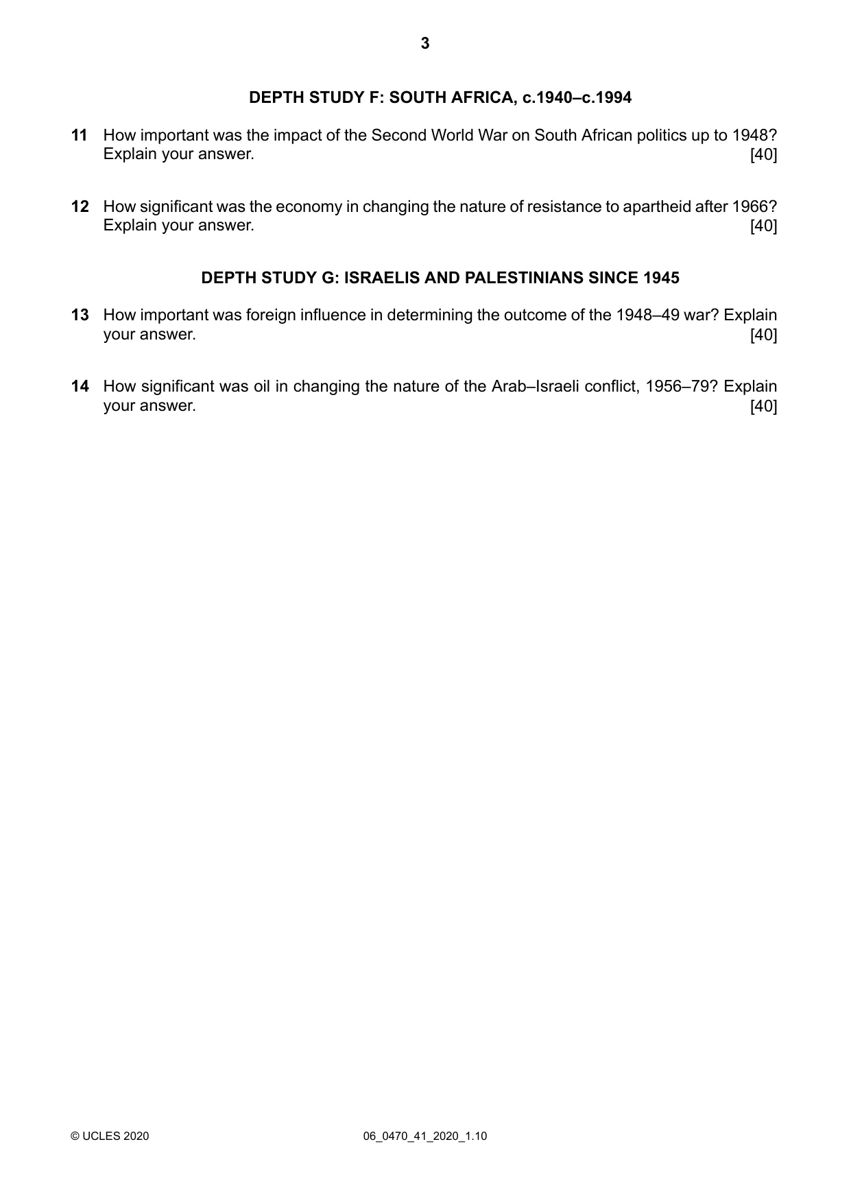 Cambridge IGCSE History 0470 2020 May/June Paper 4 · Variant 1 question paper, page 3 of 4