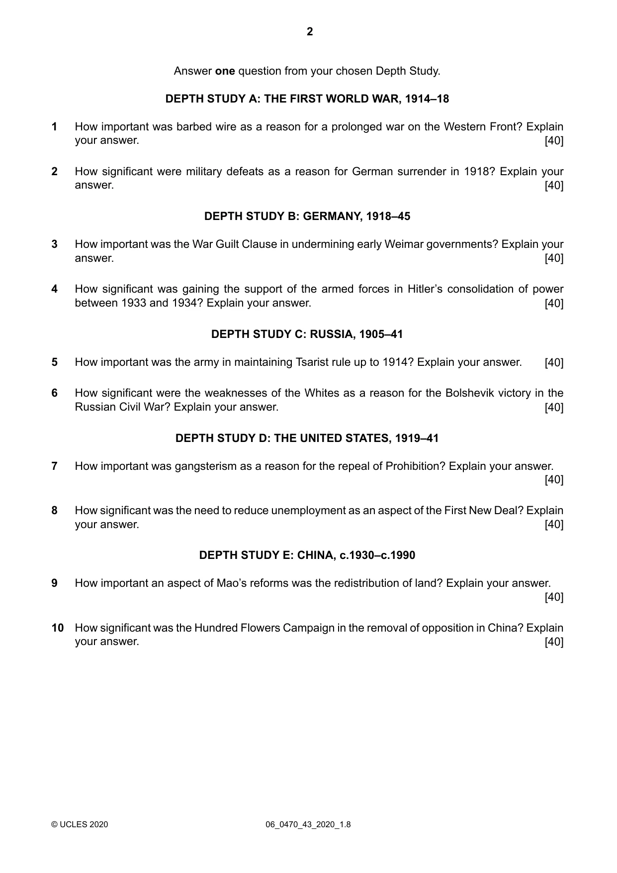 Cambridge IGCSE History 0470 2020 May/June Paper 4 · Variant 3 question paper, page 2 of 4