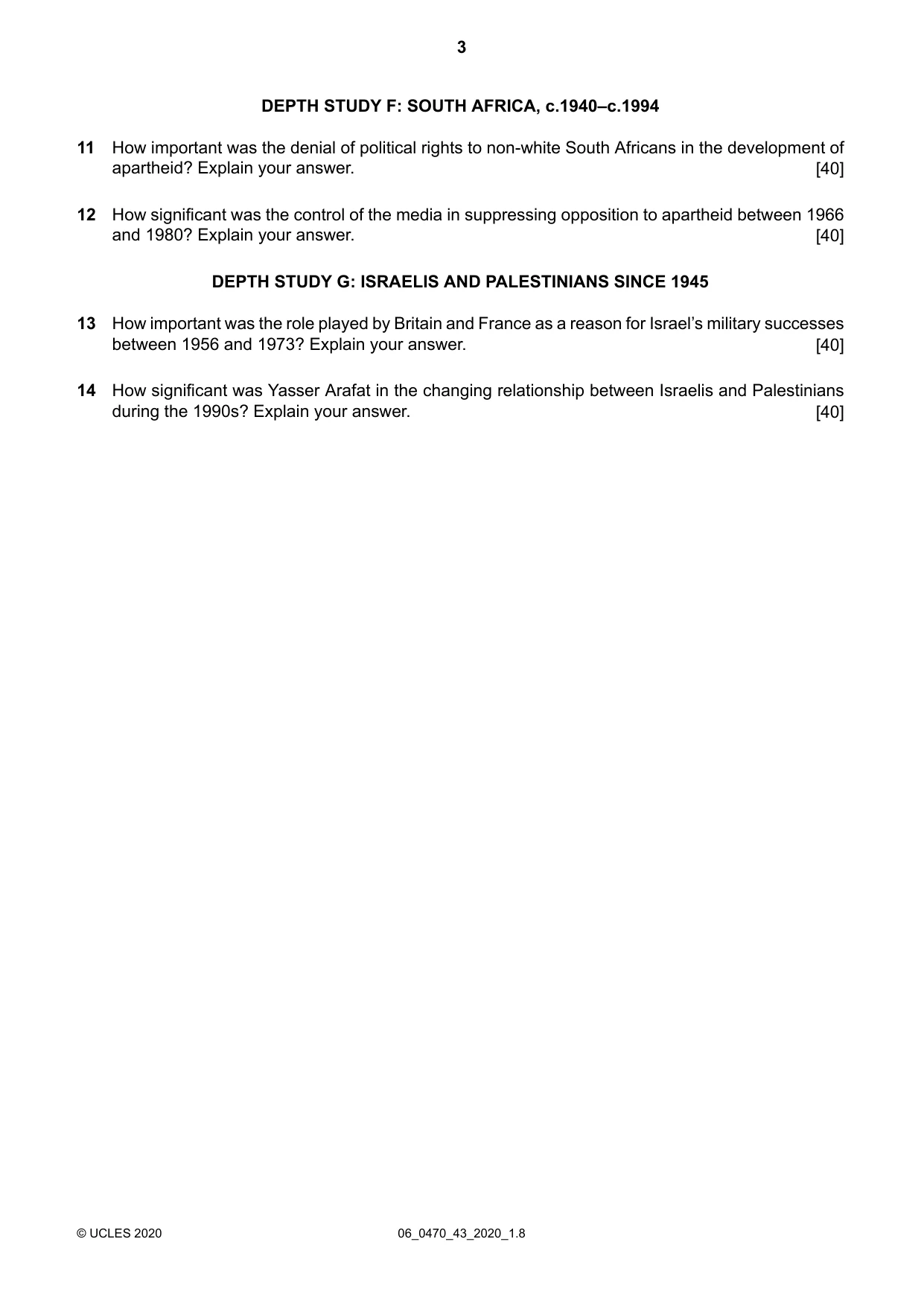 Cambridge IGCSE History 0470 2020 May/June Paper 4 · Variant 3 question paper, page 3 of 4