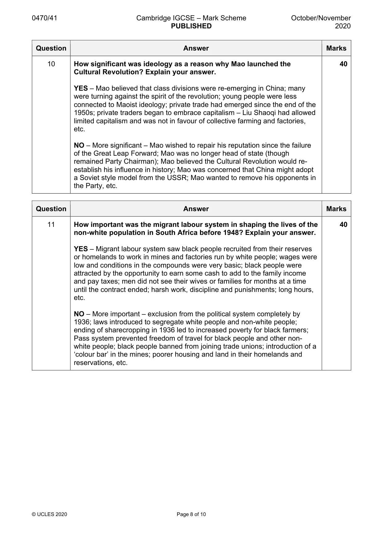 Mark scheme, page 8 of 10