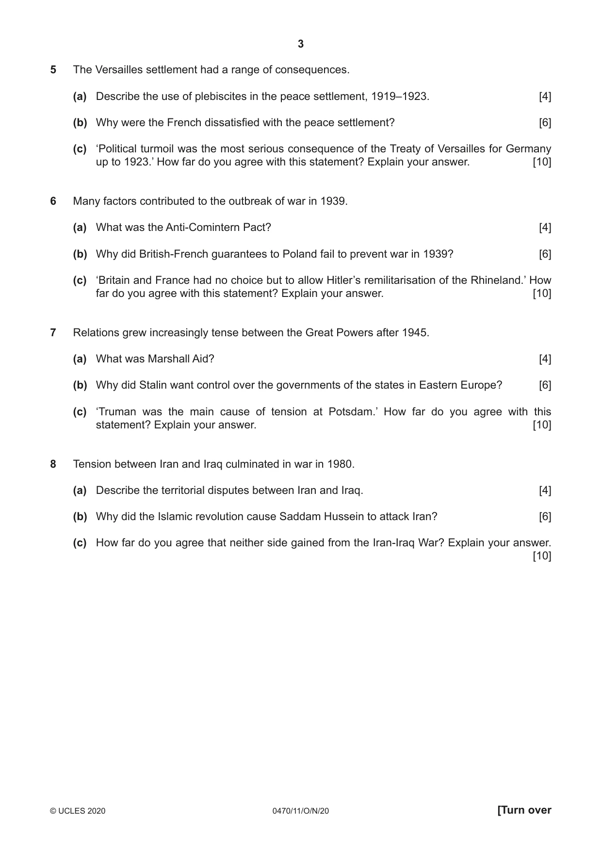 Cambridge IGCSE History 0470 2020 Oct/Nov Paper 1 · Variant 1 question paper, page 3 of 12