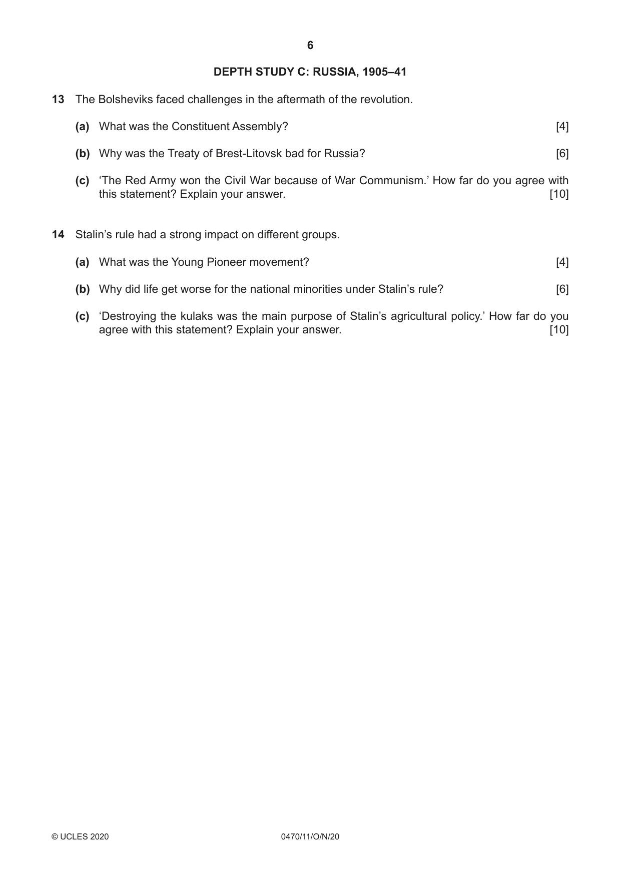 Cambridge IGCSE History 0470 2020 Oct/Nov Paper 1 · Variant 1 question paper, page 6 of 12