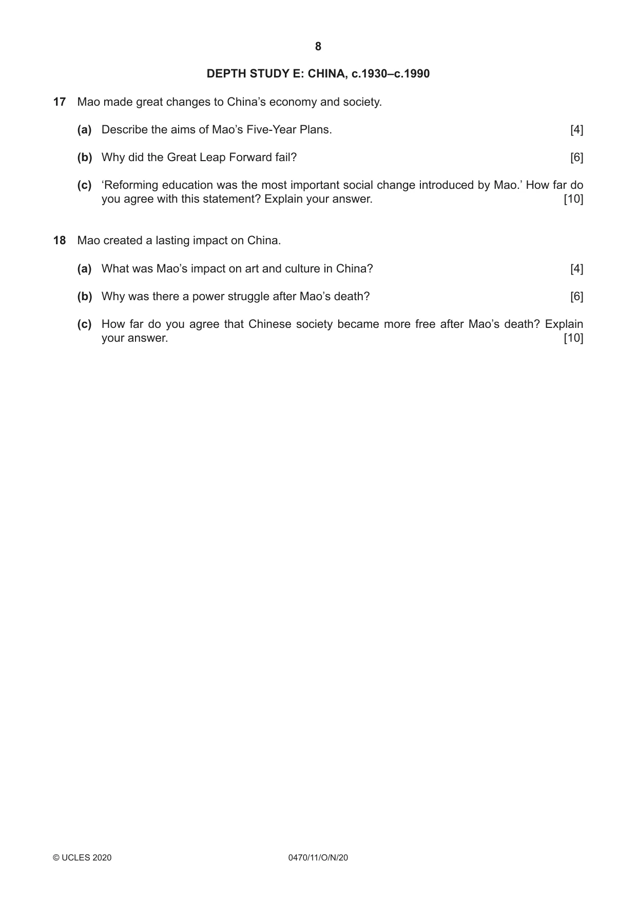 Cambridge IGCSE History 0470 2020 Oct/Nov Paper 1 · Variant 1 question paper, page 8 of 12
