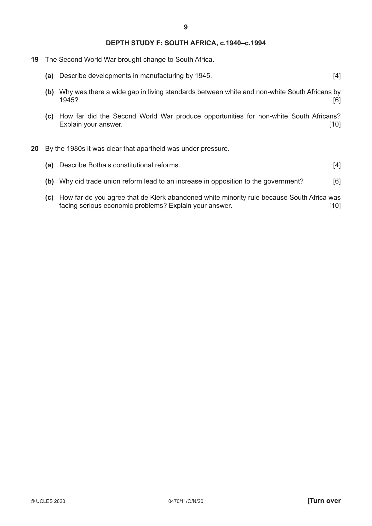 Cambridge IGCSE History 0470 2020 Oct/Nov Paper 1 · Variant 1 question paper, page 9 of 12