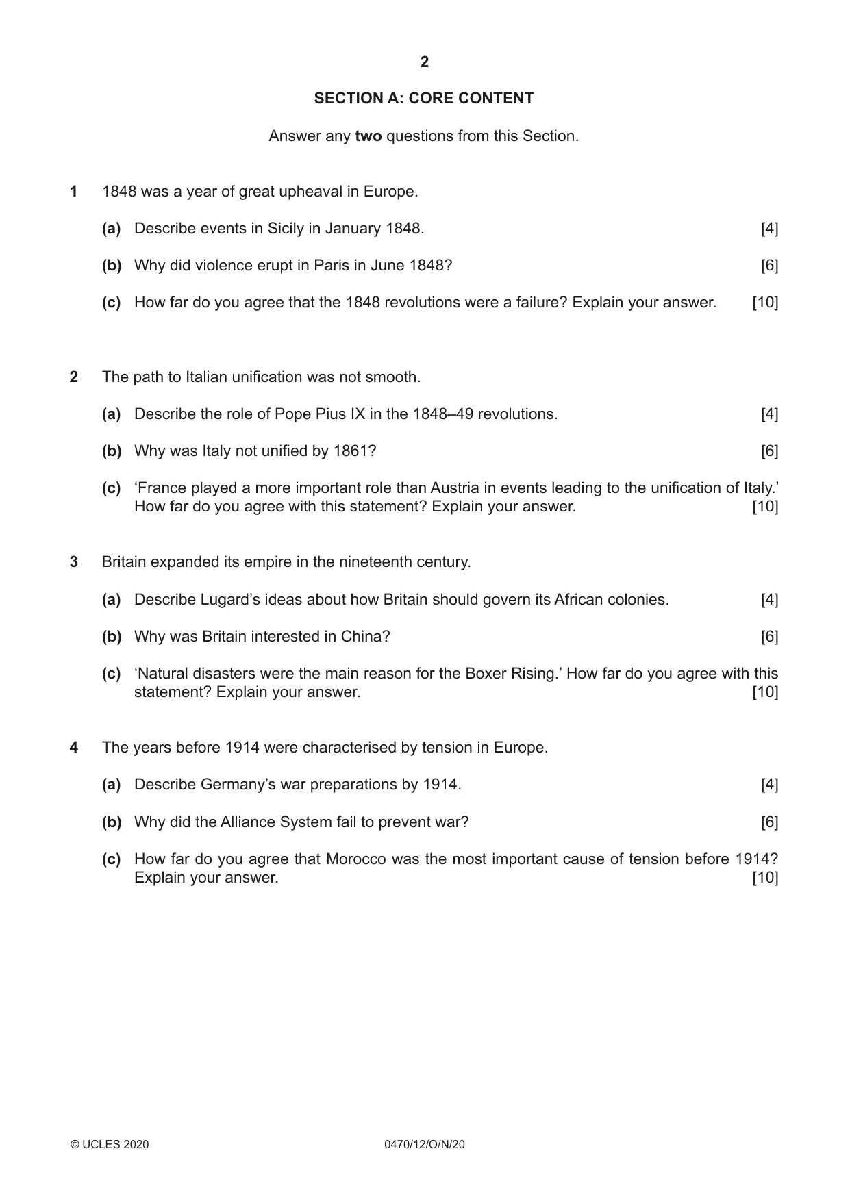 Cambridge IGCSE History 0470 2020 Oct/Nov Paper 1 · Variant 2 question paper, page 2 of 12