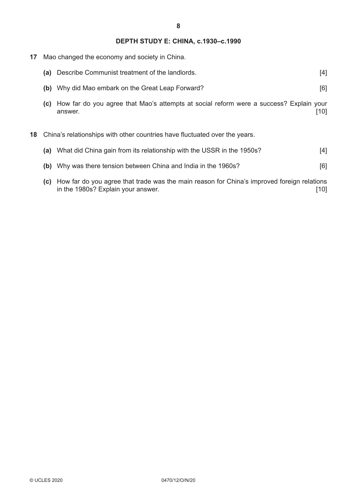 Cambridge IGCSE History 0470 2020 Oct/Nov Paper 1 · Variant 2 question paper, page 8 of 12