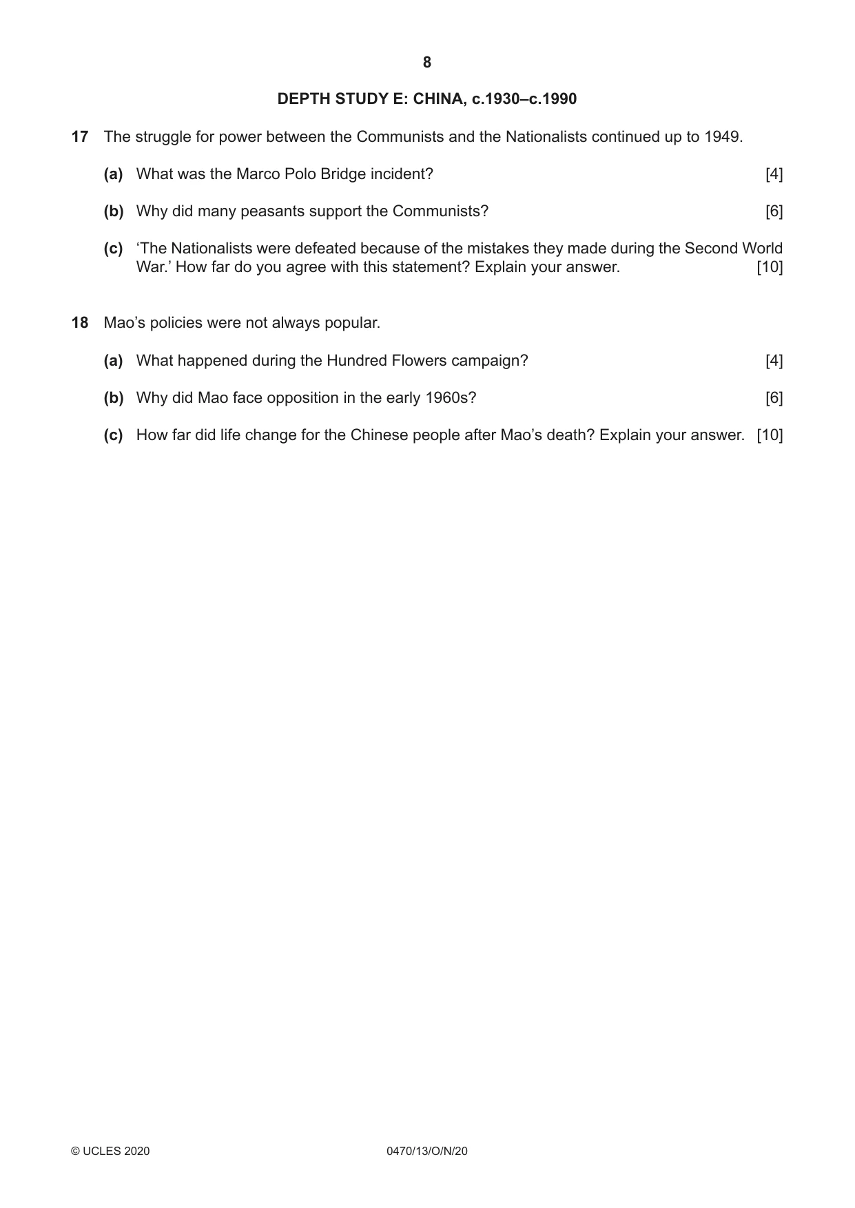Cambridge IGCSE History 0470 2020 Oct/Nov Paper 1 · Variant 3 question paper, page 8 of 12
