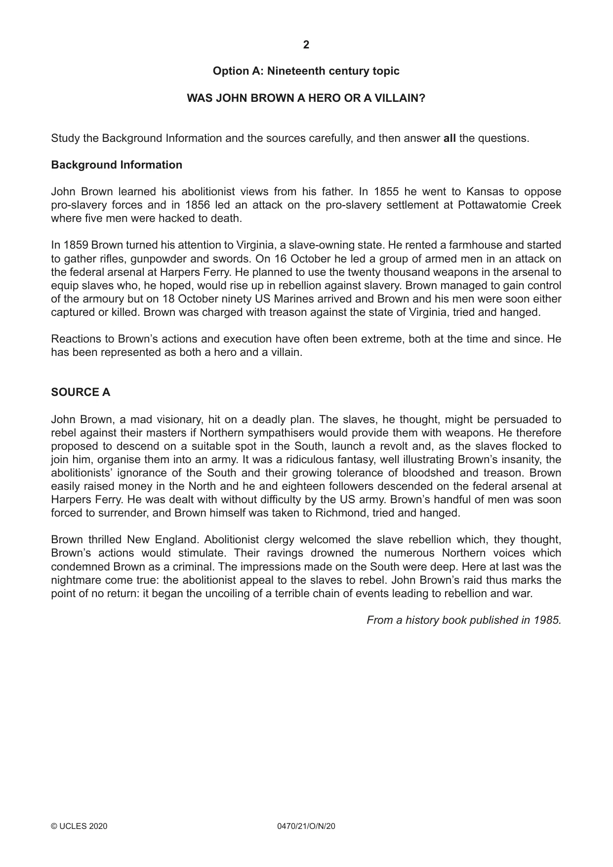 Cambridge IGCSE History 0470 2020 Oct/Nov Paper 2 · Variant 1 question paper, page 2 of 12