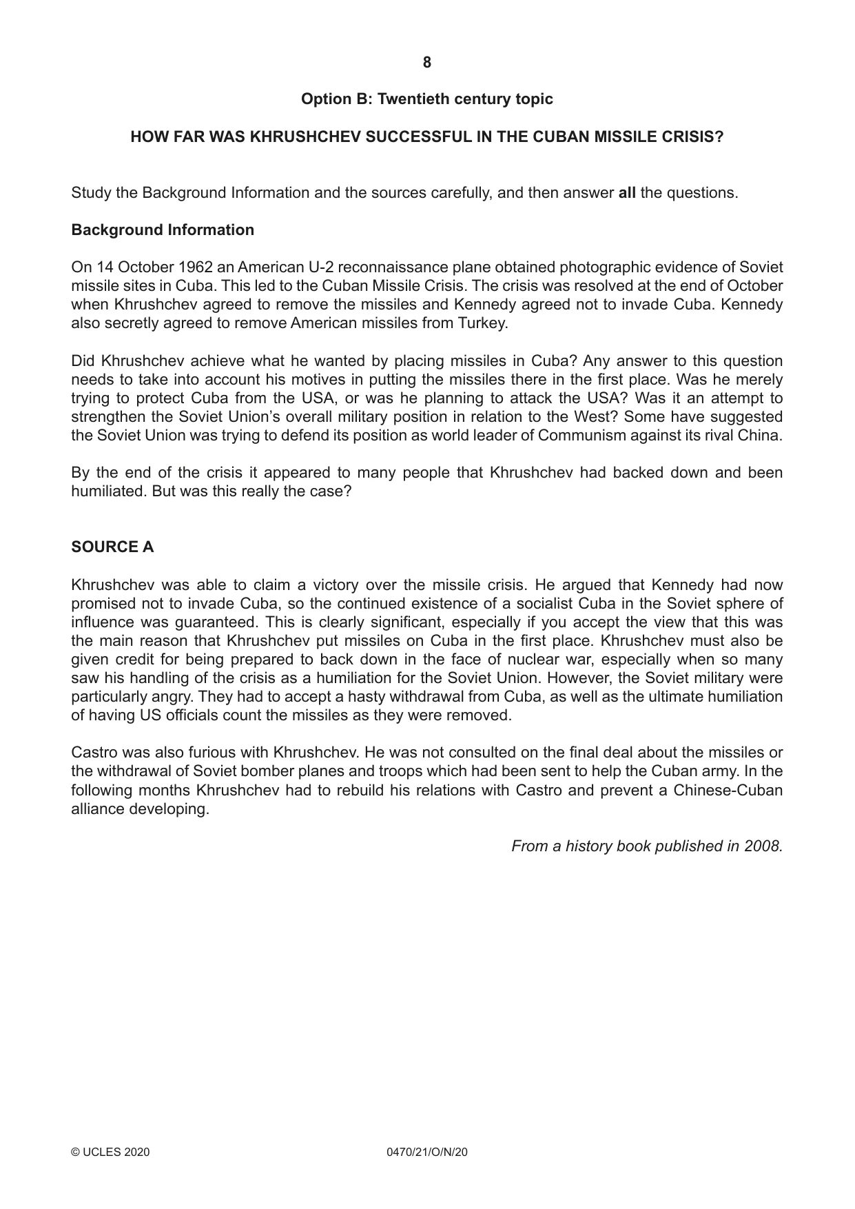 Cambridge IGCSE History 0470 2020 Oct/Nov Paper 2 · Variant 1 question paper, page 8 of 12