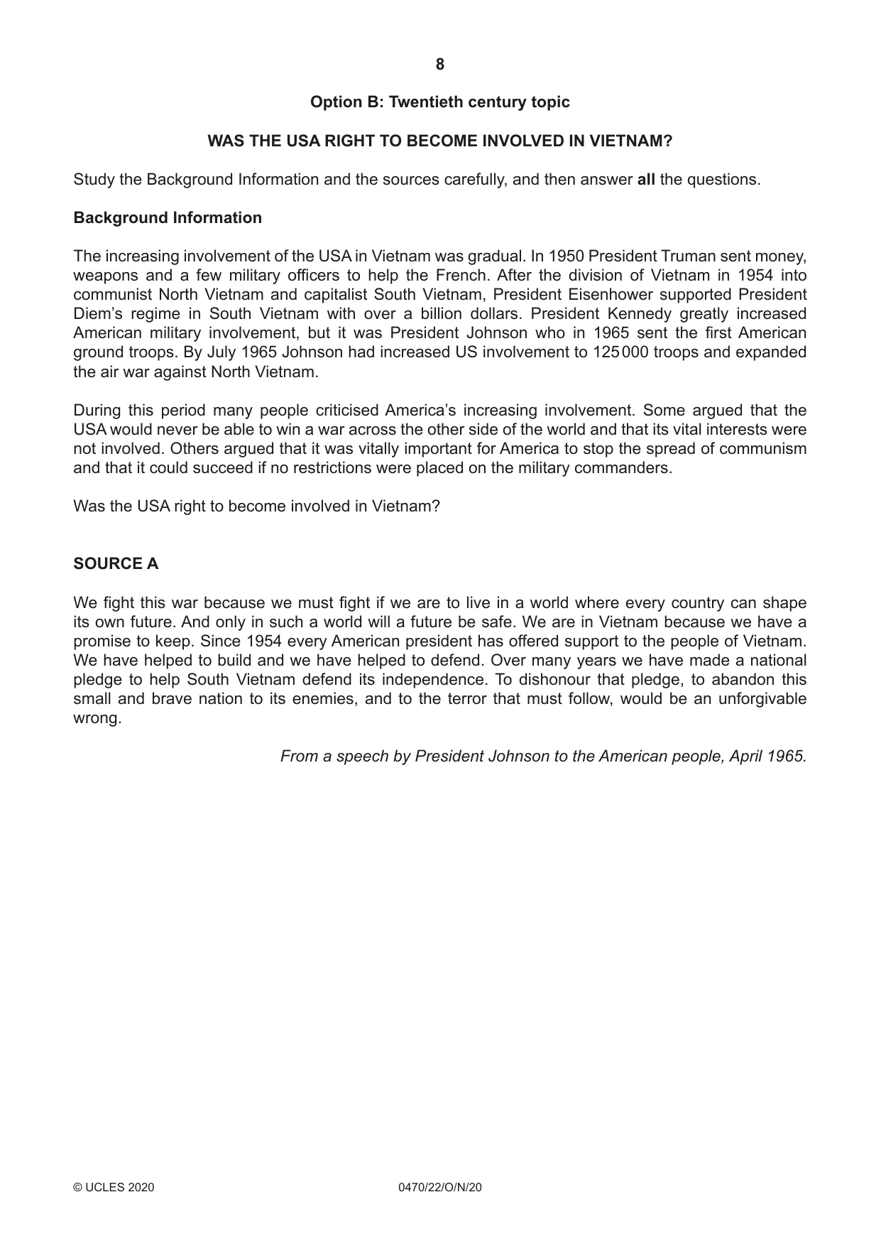 Cambridge IGCSE History 0470 2020 Oct/Nov Paper 2 · Variant 2 question paper, page 8 of 16